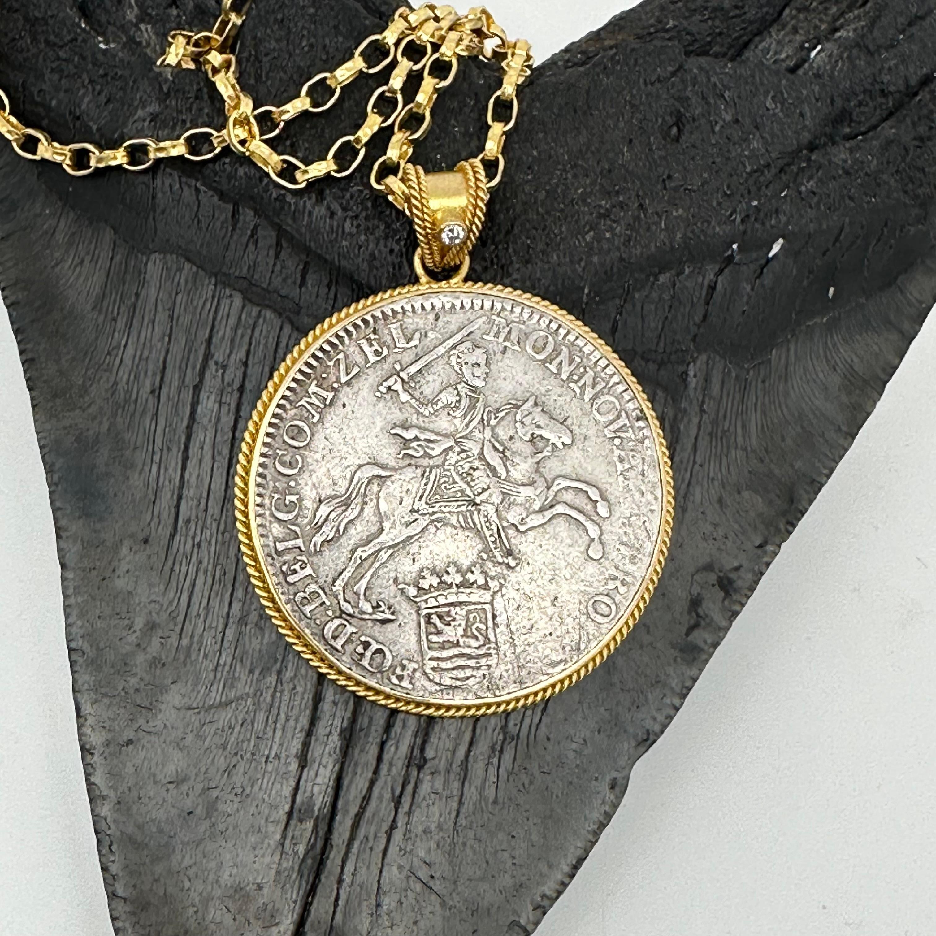 Netherlands 1792 Ducaton Knight On Horseback Coin Diamond 18K Gold Pendant For Sale 3