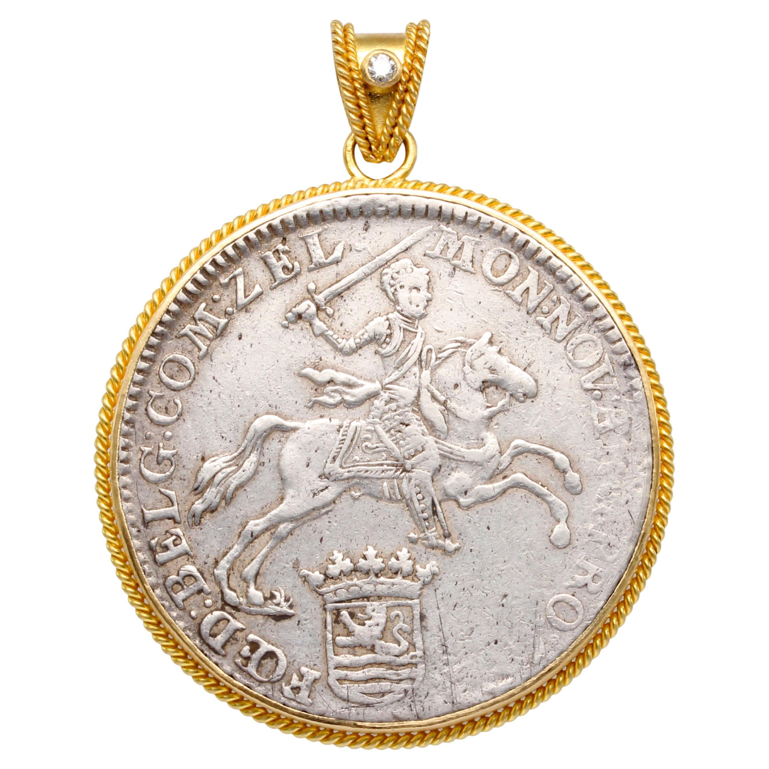 Netherlands 1792 Ducaton Knight On Horseback Coin Diamond 18K Gold Pendant For Sale