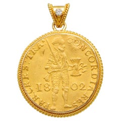 Netherlands 1802 Gold Ducat 18K Diamond 18k Gold Pendant