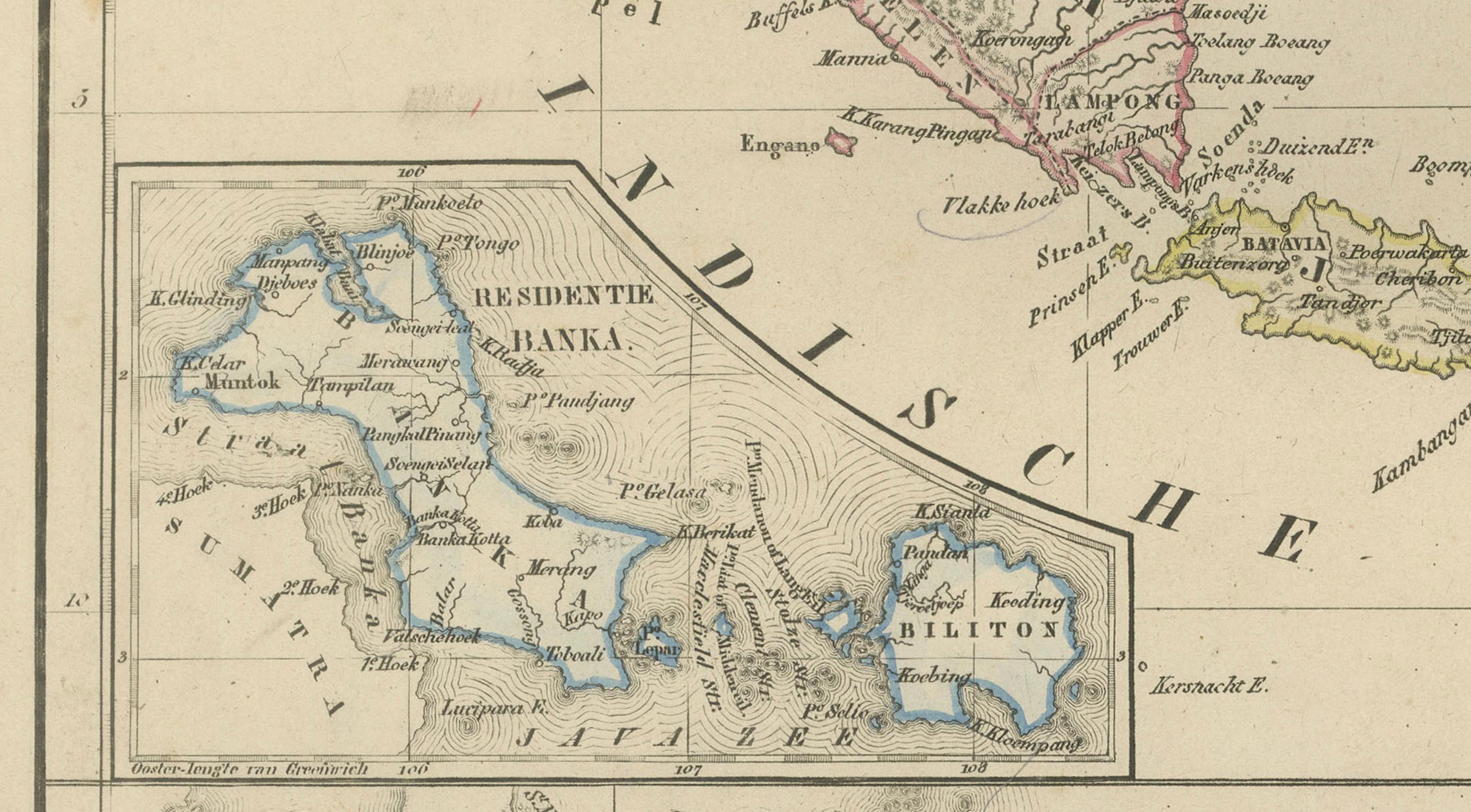 Mapa de las Indias Orientales Holandesas con recuadro de Java - Nieuwe Hand-Atlas, 1876 Papel en venta