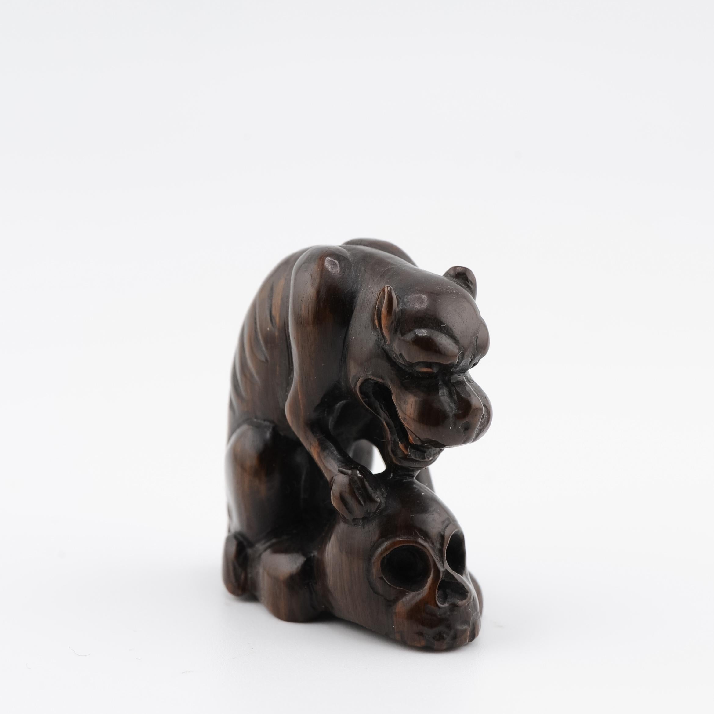 19th Century Netsuke 20th C Japanese Japan Dog eating Skull For Sale