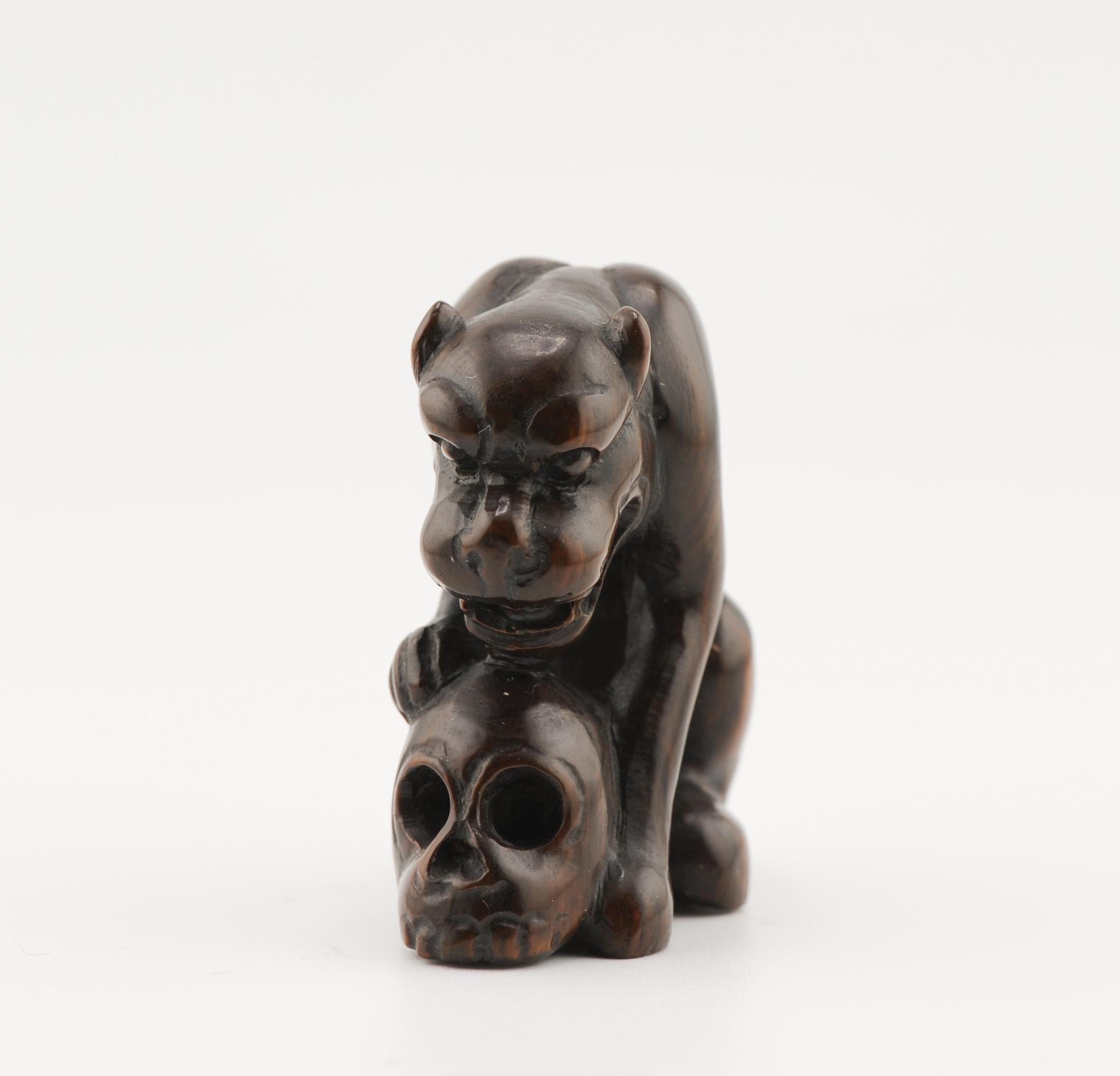 Metal Netsuke 20th C Japanese Japan Dog eating Skull For Sale