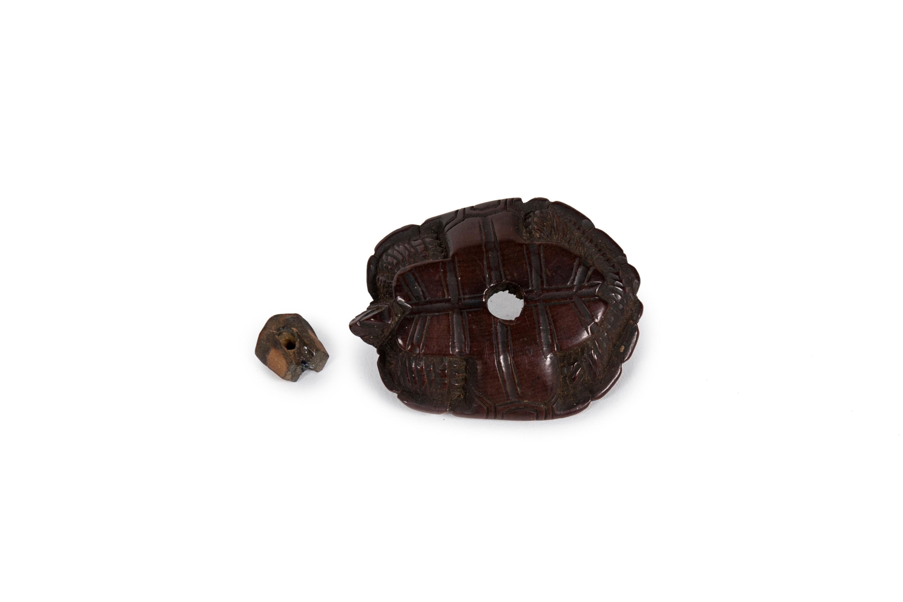 
Netsuke de madera de boj con forma de tortuga escondida en su caparazón de la que sólo sobresale la cabeza. Las texturas del caparazón están ejecutadas con precisión realista y un gran cuidado de los detalles. Lo mismo ocurre con las escamas de la