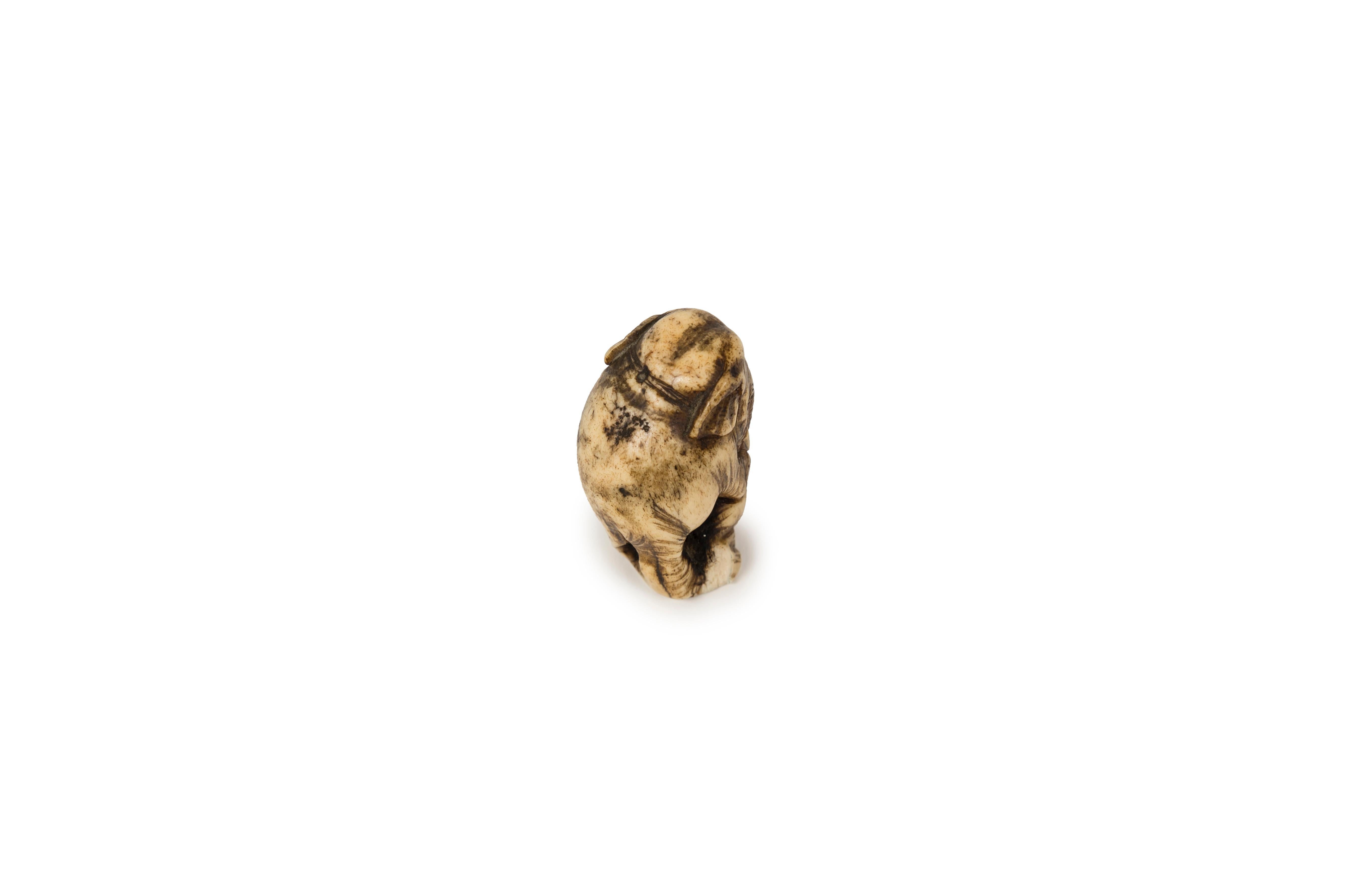 Netsuke in deer antler in the form of an elephant standing on some rock In Good Condition For Sale In PARIS, FR