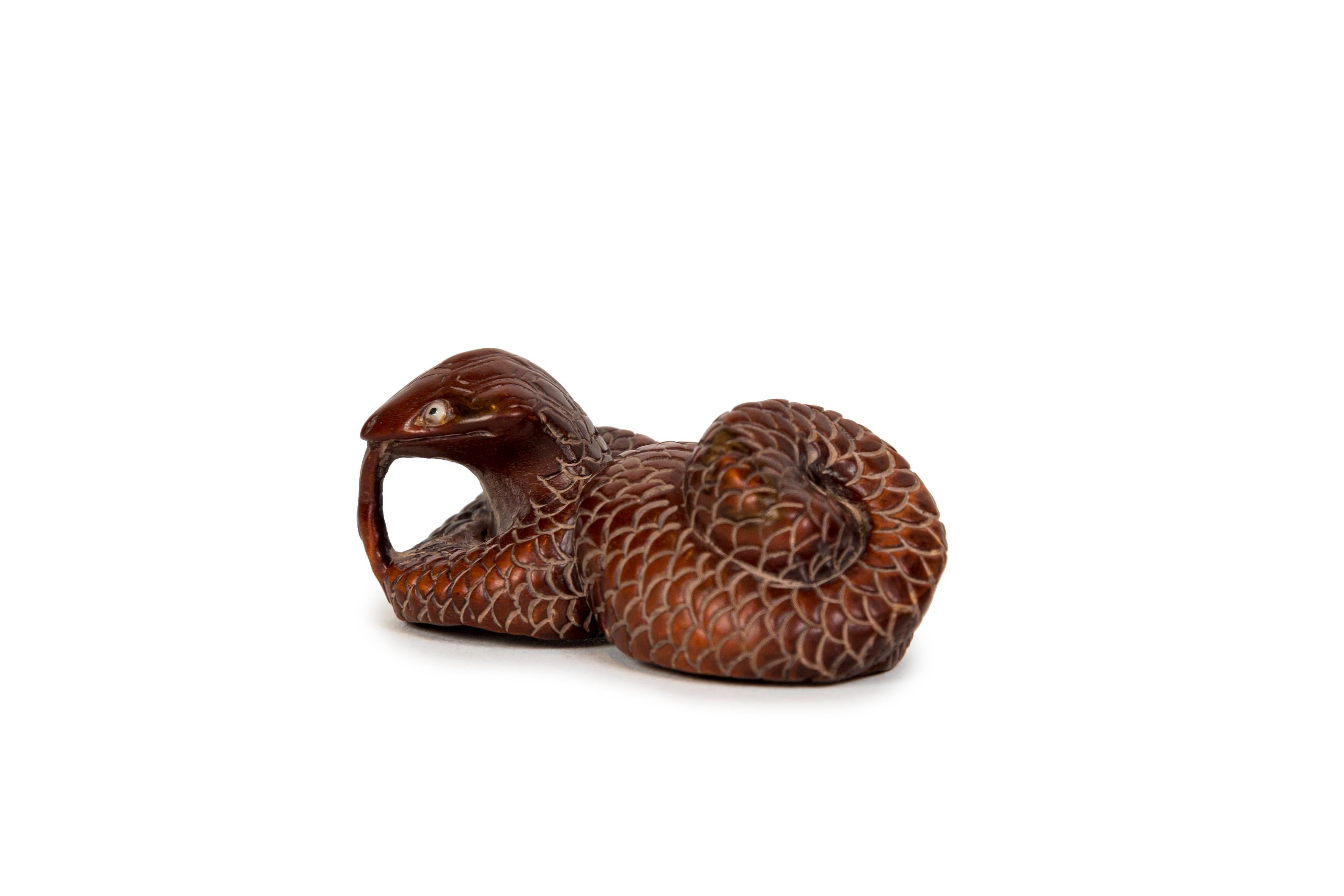 Sculpté Netsuke en forme de serpent en buis avec yeux incrustés et signature en vente
