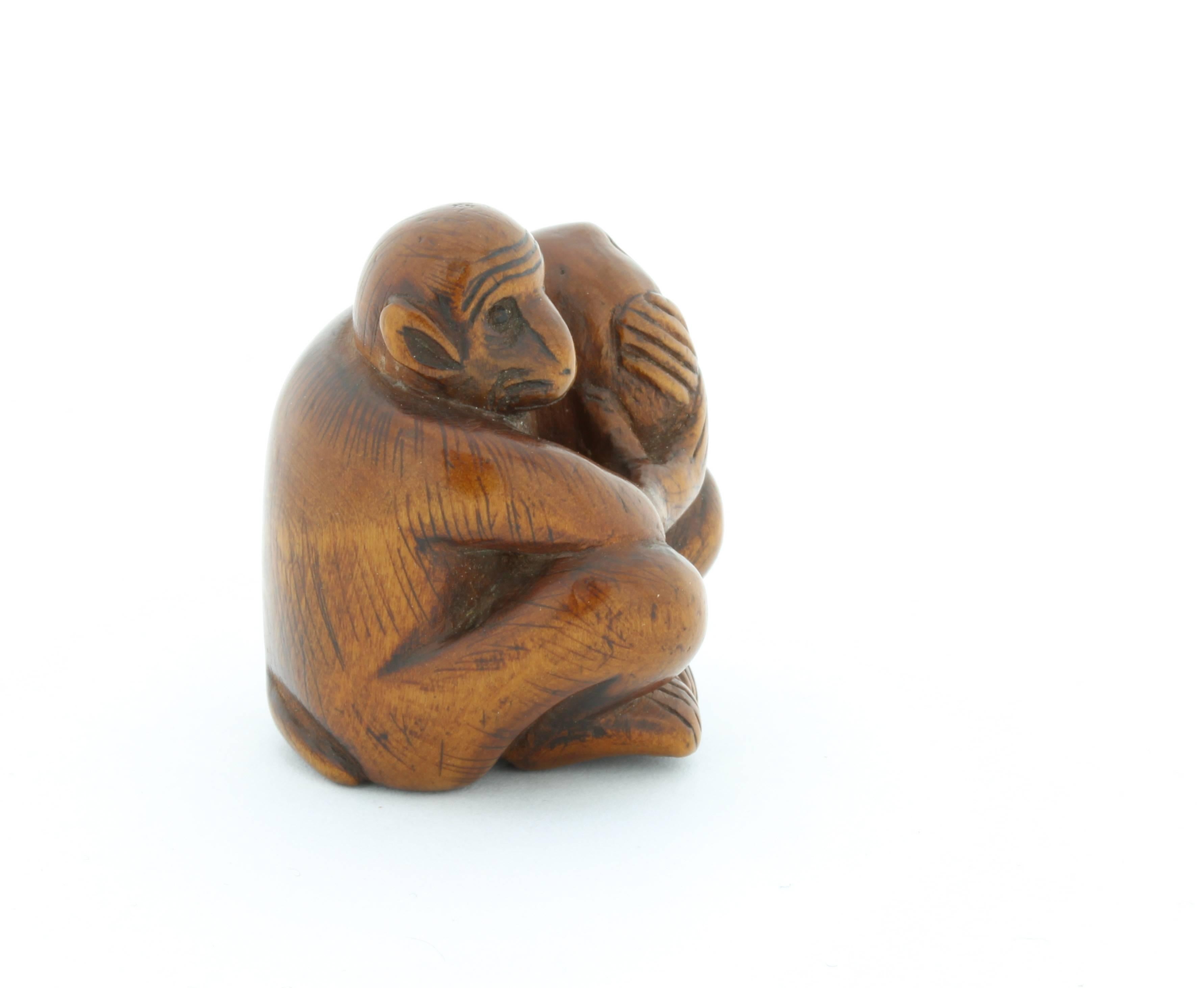 Netsuke Wood Accessory Fashion, 19th Century, Antique Woodcraft Monkey In Good Condition In London, GB