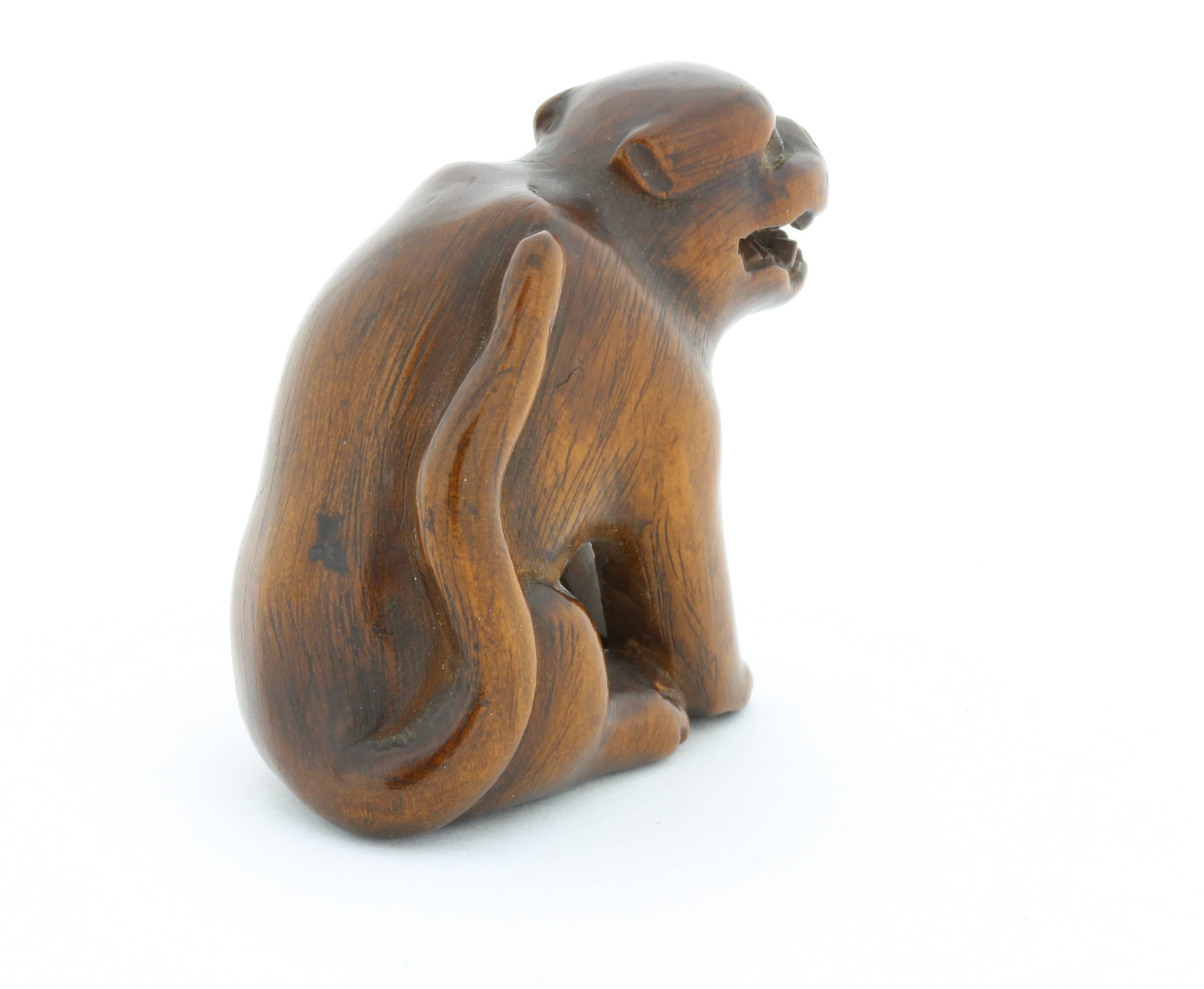 This growling dog netsuke is made entirely out of wood, with glass eyes. As glass was a rare material in 19th century Japan, it can be assumed they are a later addition, perhaps as part of a restoration. In Japanese culture, the dog is the eleventh