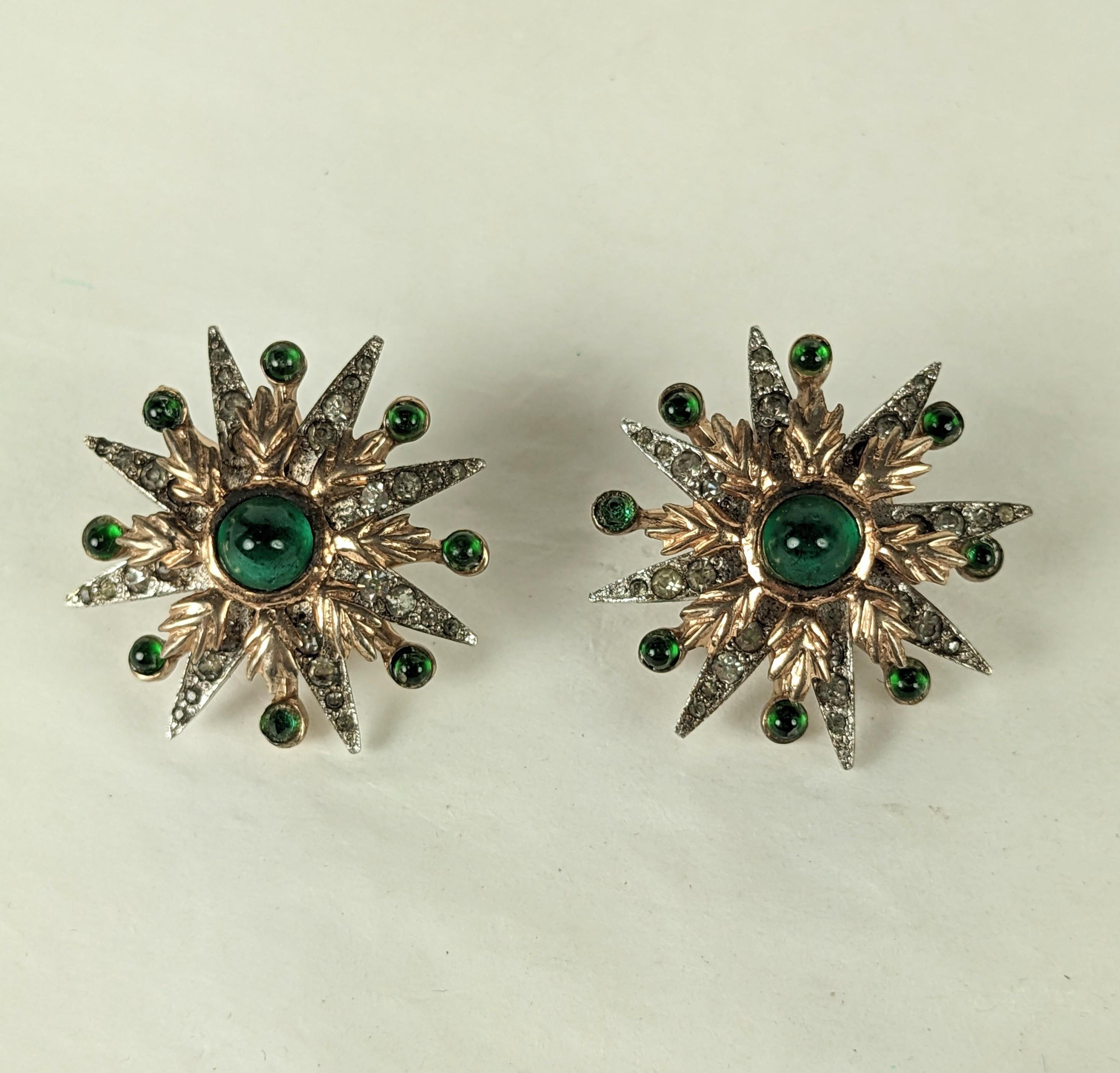 Nettie Rosenstein Starbust Earrings in sterling rose vermeil 2 toned finish with green glass cabochons. Clip back fittings. 1.25