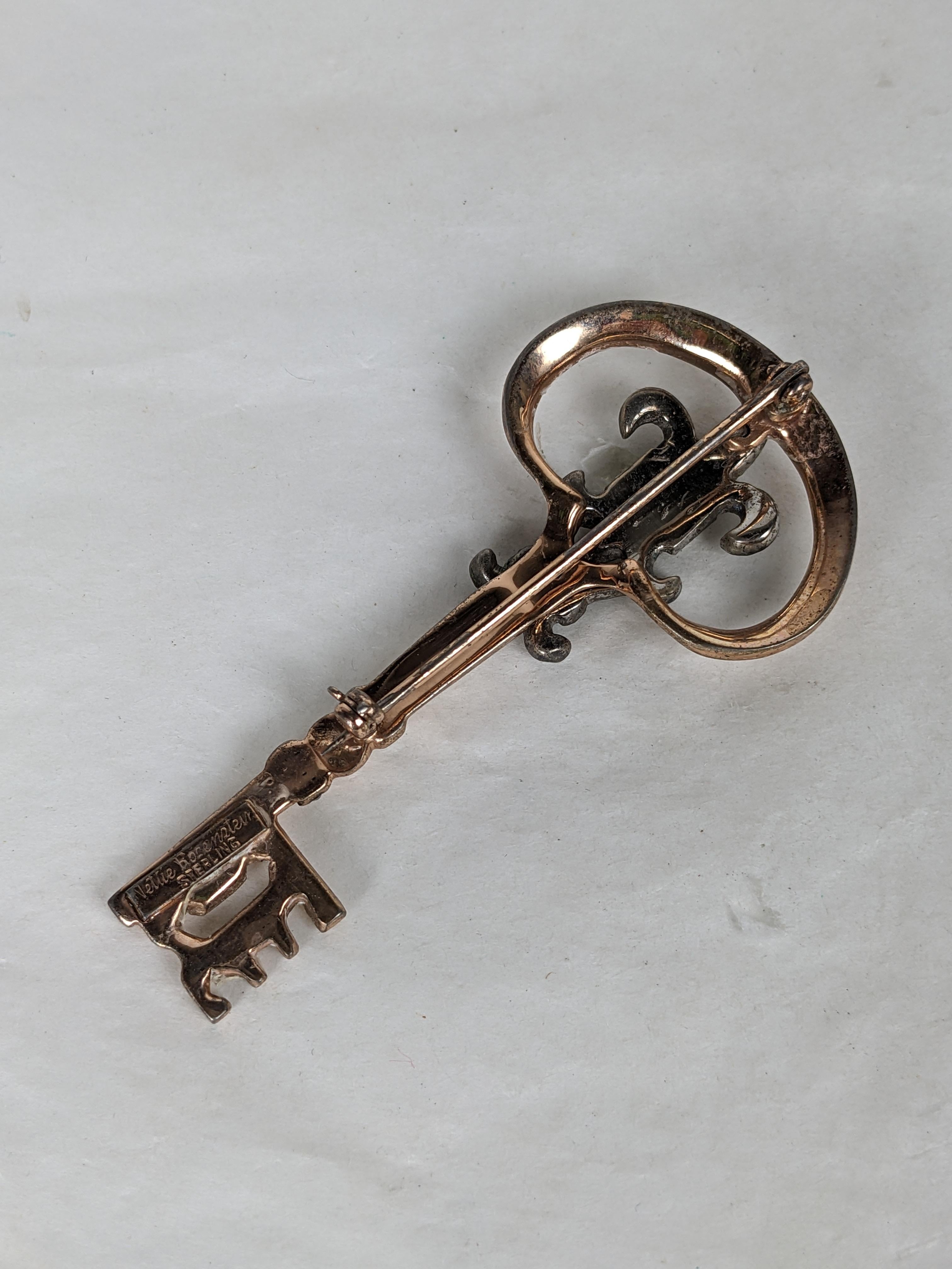 Women's or Men's Nettie Rosenstein Sterling Silver Key Brooch For Sale