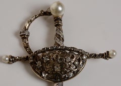 Nettie Rosenstein Sterling Sword Brooch Mounted with Faux Pearls & Rhinestones