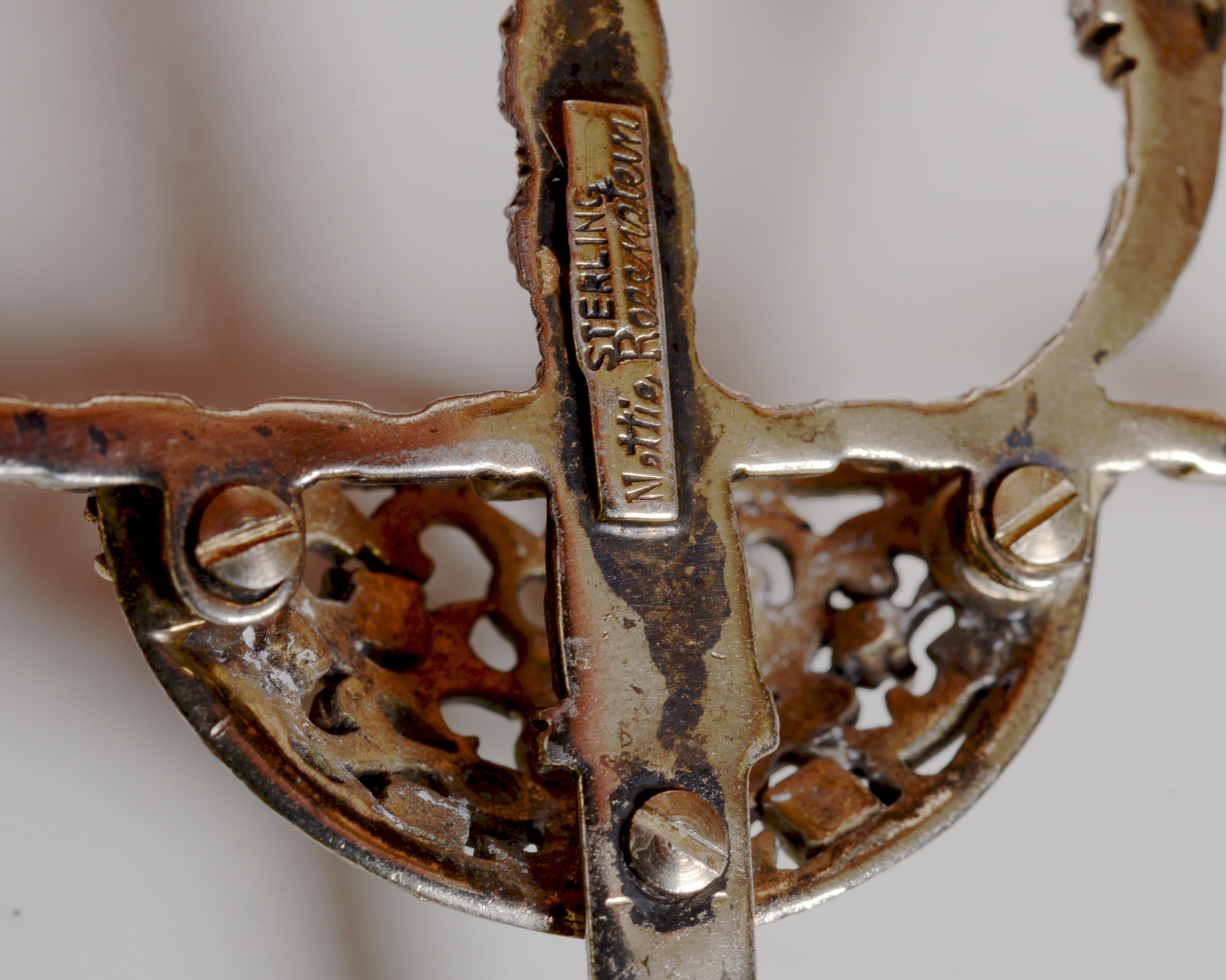 Women's Nettie Rosenstein Sterling Sword Brooch Mounted with Faux Pearls & Rhinestones For Sale