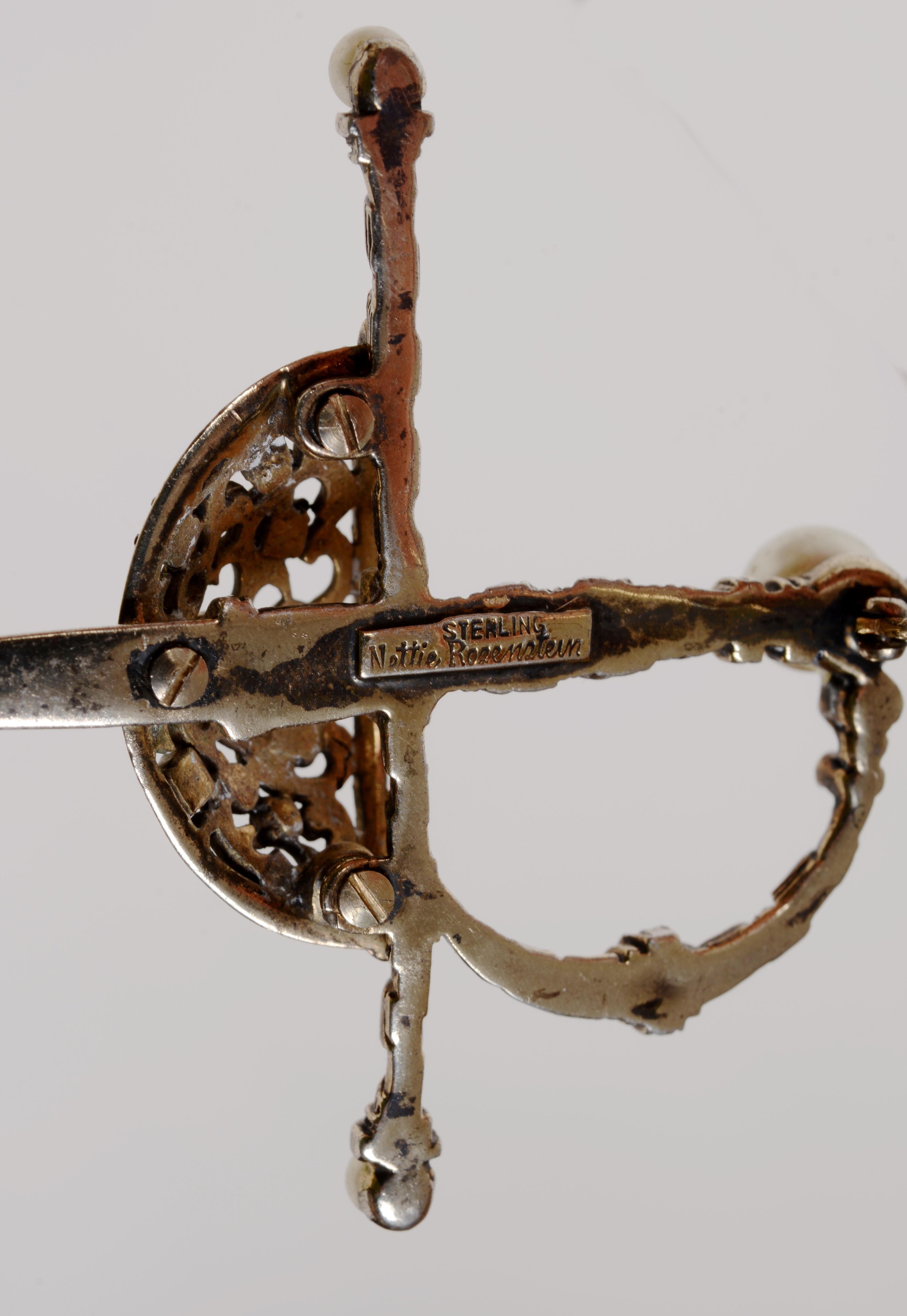 Nettie Rosenstein Sterling Sword Brooch Mounted with Faux Pearls & Rhinestones For Sale 1