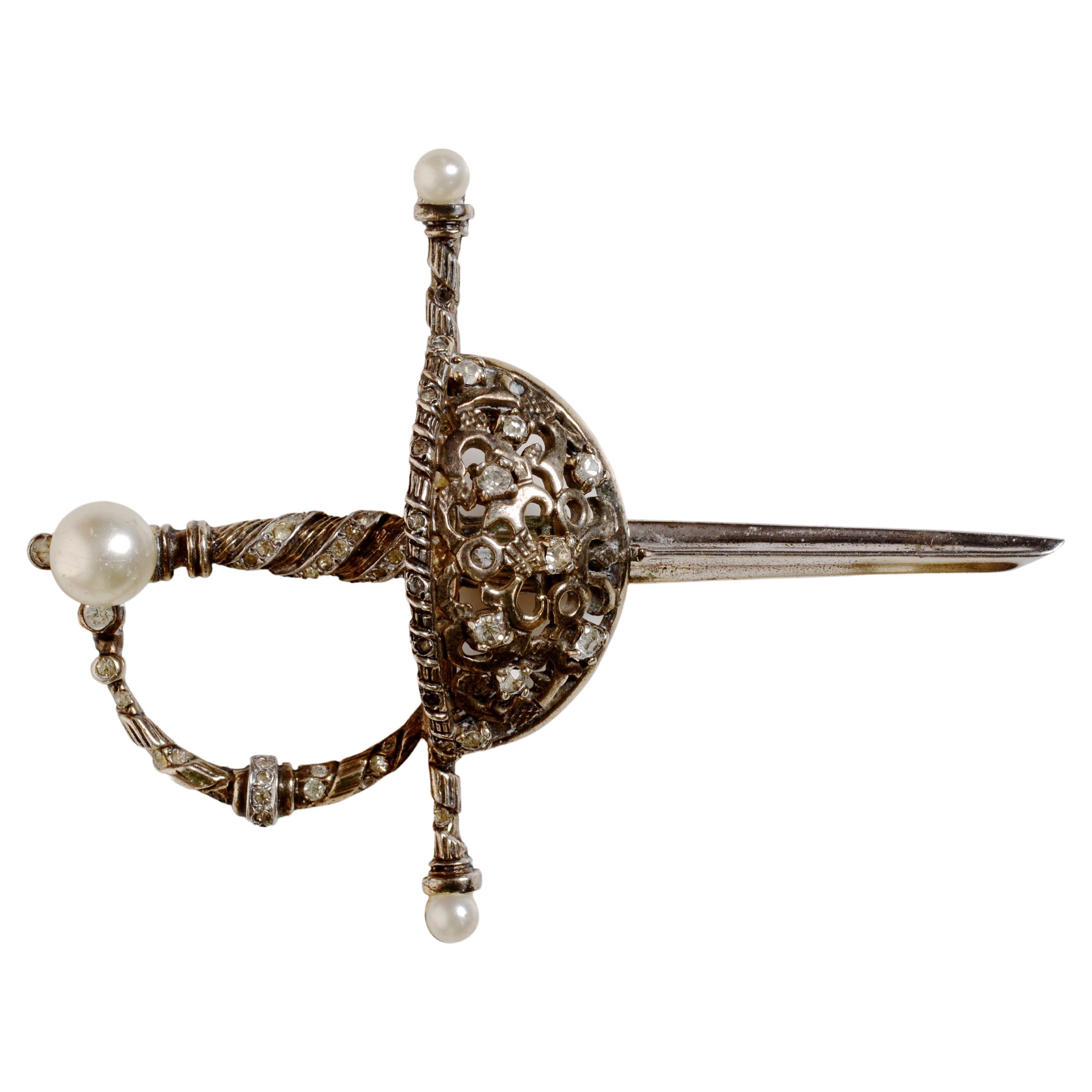 Nettie Rosenstein Sterling Sword Brooch Mounted with Faux Pearls & Rhinestones