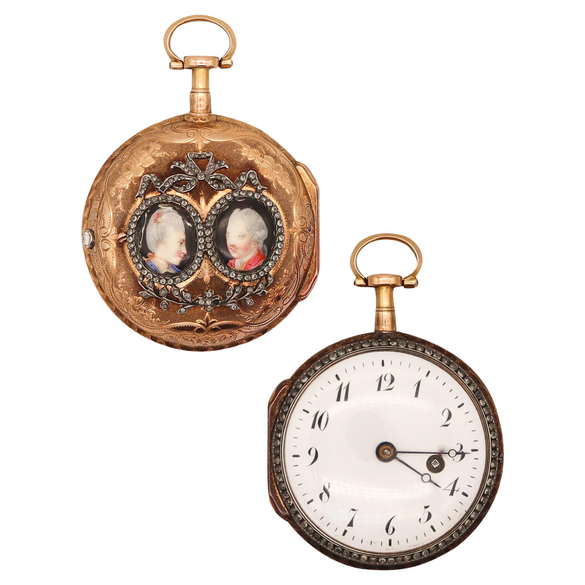 Neuchtel 1780 Verge & Fusee Pocket Watch with Enamel Portraits Pendant 18Kt Gold