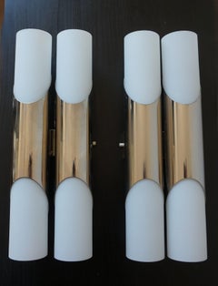 Neuhaus Chrome/Opal Glass Wall Lights / Scones Pair by Rolf Krüger, 1960