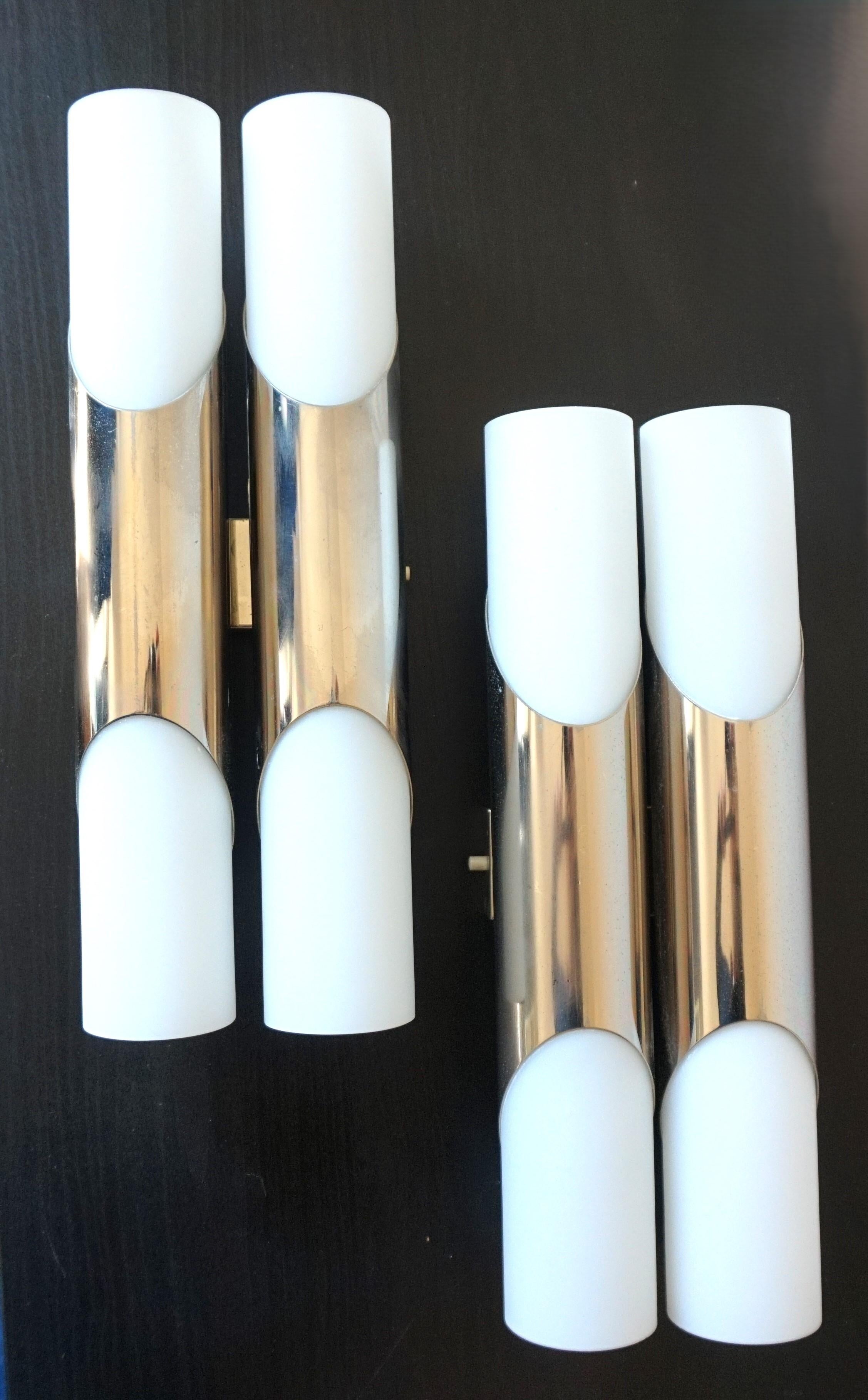 German Neuhaus Chrome/Opal Glass Wall Lights / Scones Pair by Rolf Krüger, 1960 For Sale