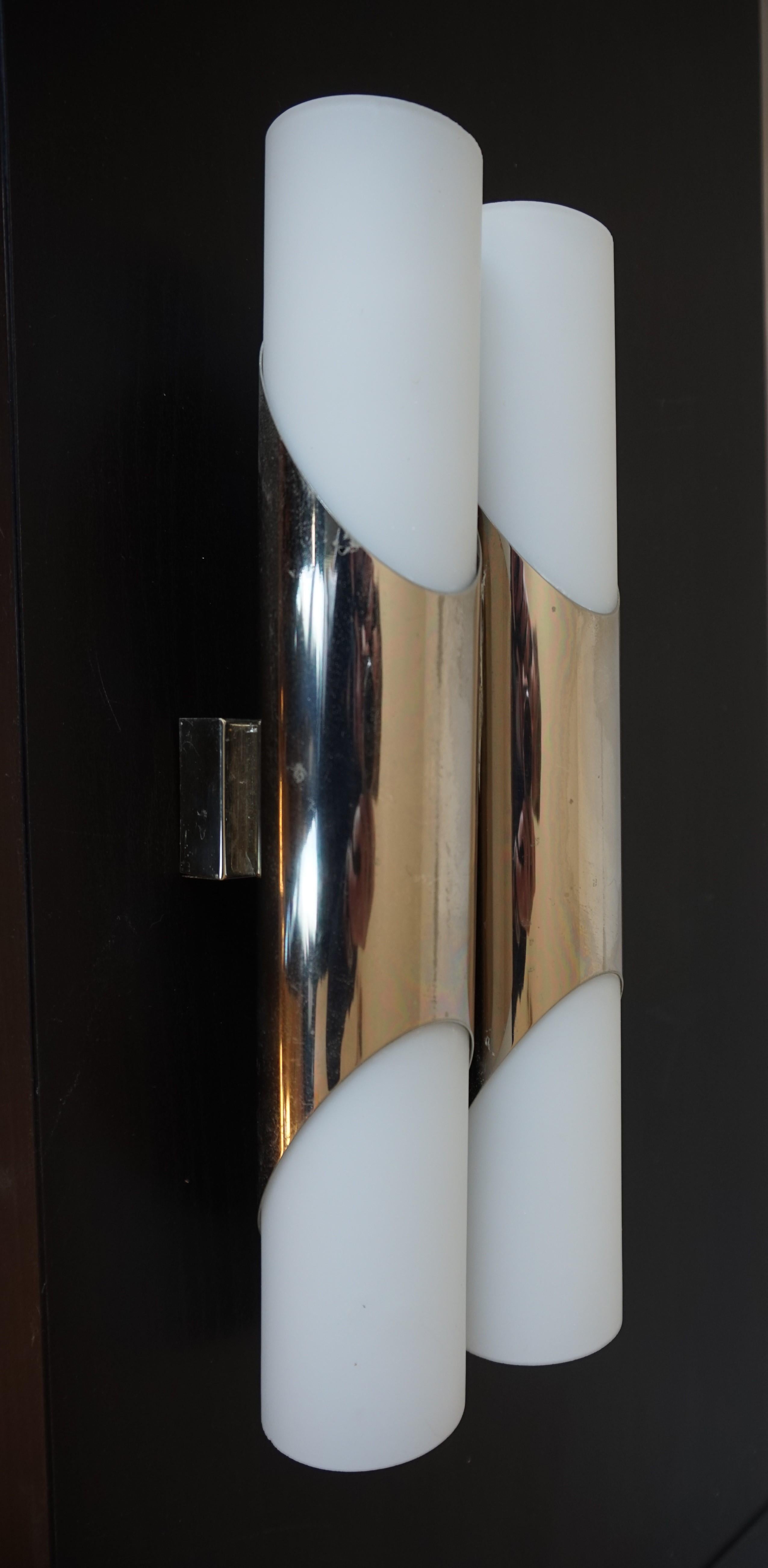 Opaline Glass Neuhaus Chrome/Opal Glass Wall Lights / Scones Pair by Rolf Krüger, 1960 For Sale