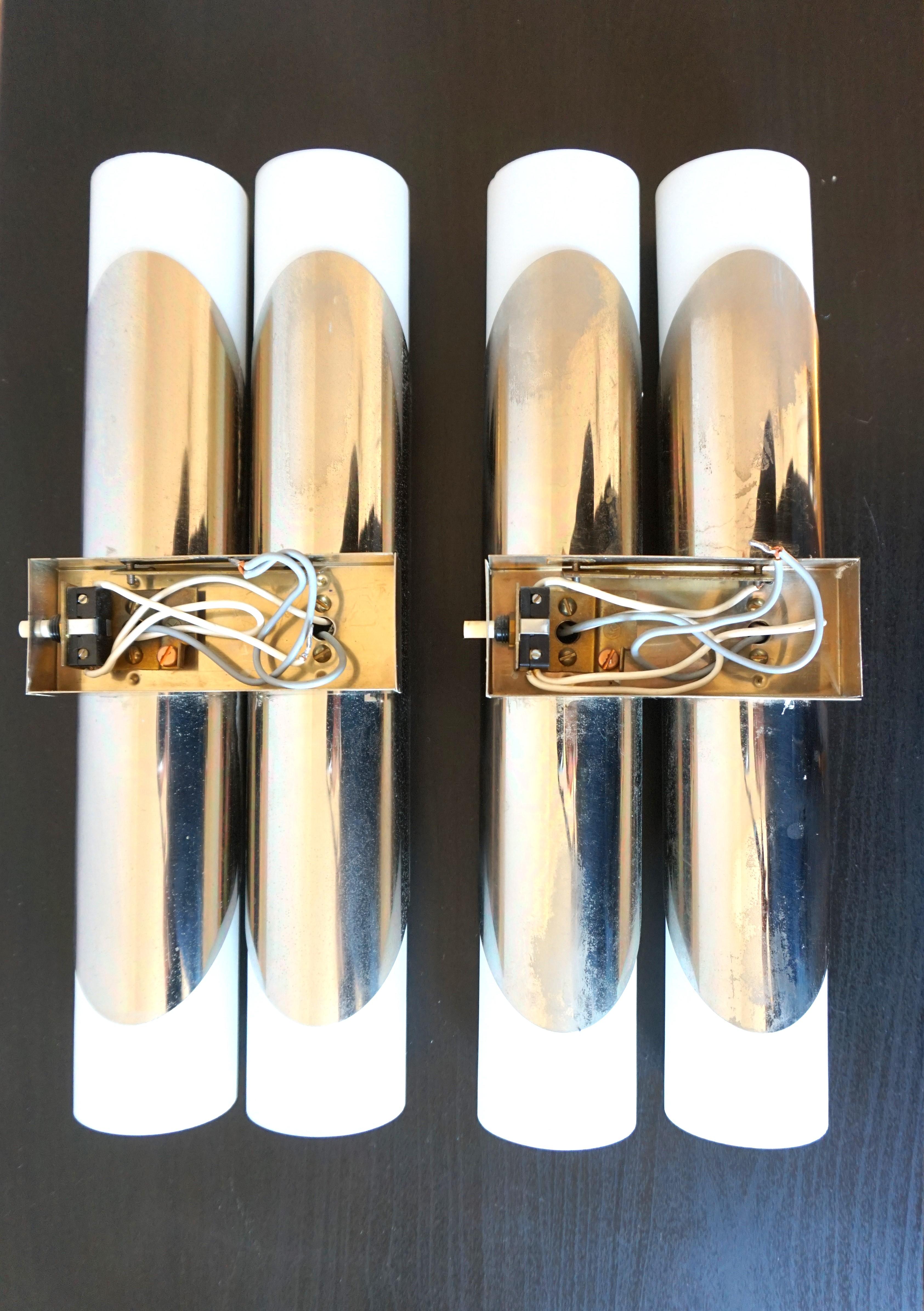 Neuhaus Chrome/Opal Glass Wall Lights / Scones Pair by Rolf Krüger, 1960 For Sale 2
