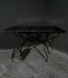 Rectangular Black Marble Table with Irregular Branch & Stone by Andres Monnier