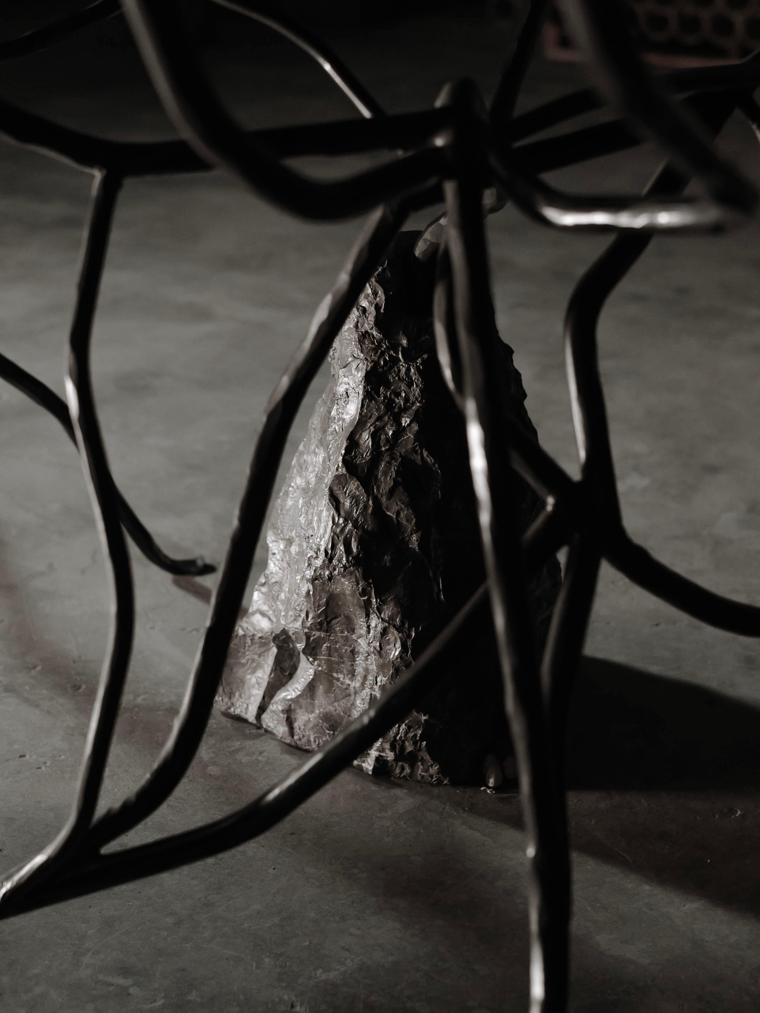 Post-Modern Rectangular Black Marble Table with Irregular Branch & Stone by Andres Monnier For Sale