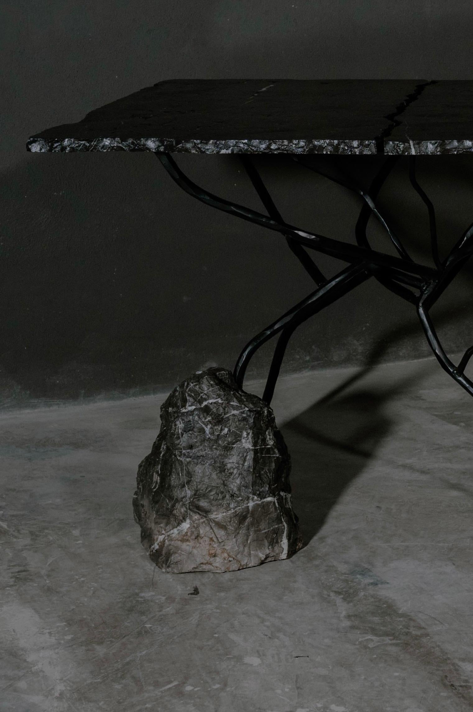 Mexican Rectangular Black Marble Table with Irregular Branch & Stone by Andres Monnier For Sale