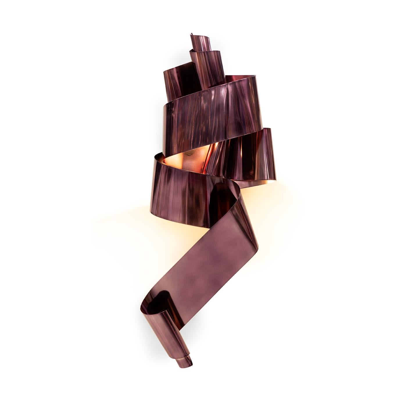 Inspired by the wildly winding anxious mind of a woman suspecting something is off-kilter, the oversized ribbon-like Neurotica sconce, alone, in a pair or down a hall, serves as powerful art and lighting.