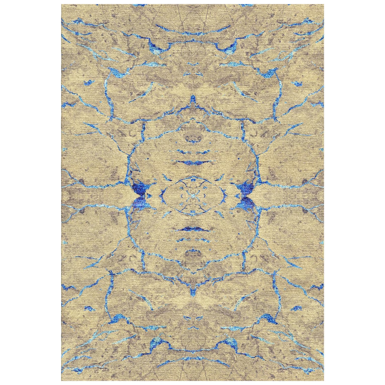 Neutral and Blue Handmade Wool and Silk Rug from Scarab Collection by Gordian For Sale