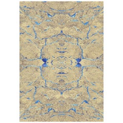 Neutral and Blue Handmade Wool and Silk Rug from Scarab Collection by Gordian