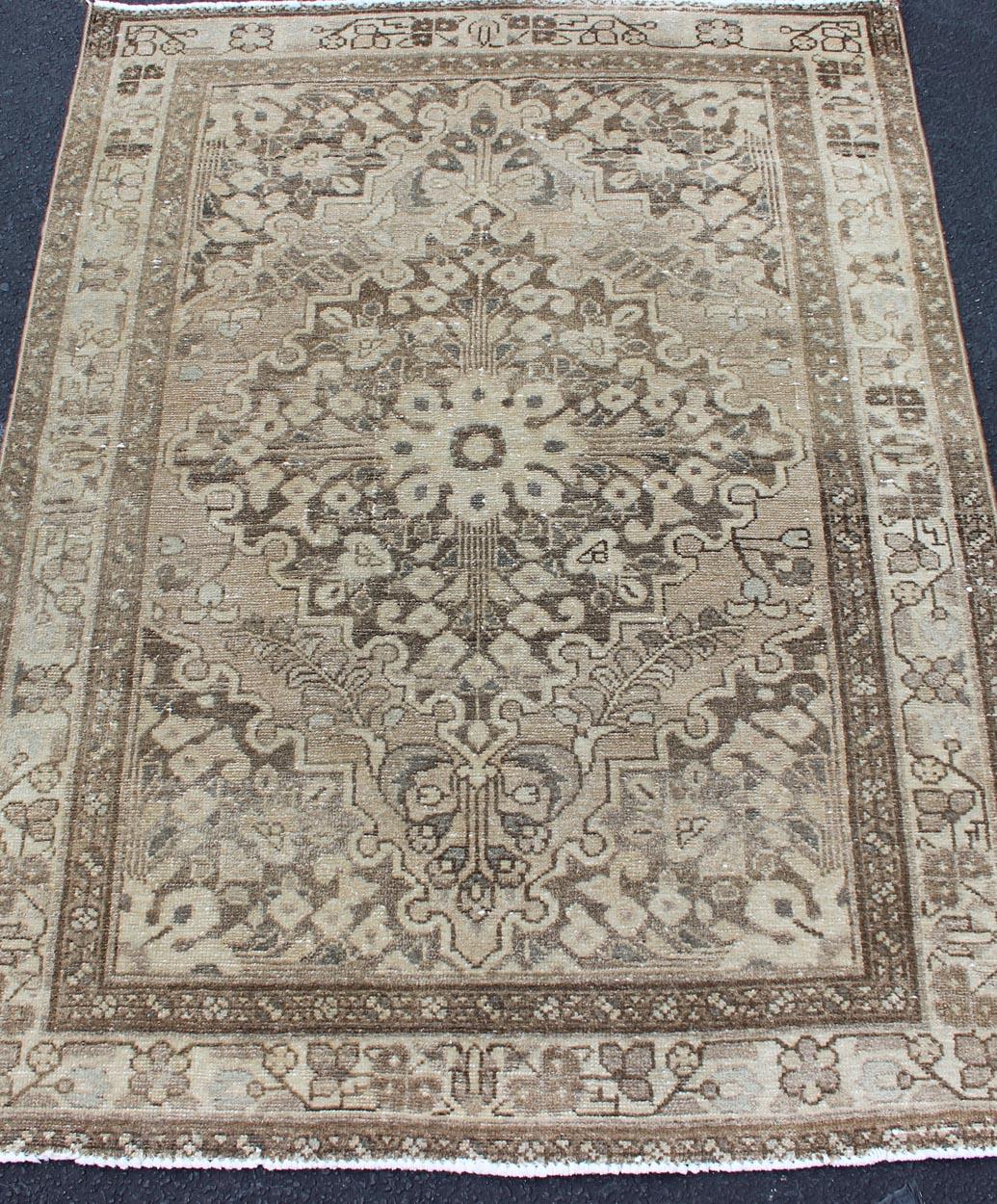 Malayer Neutral and Earth Tone Vintage Persian Lilihan Rug with Medallion For Sale