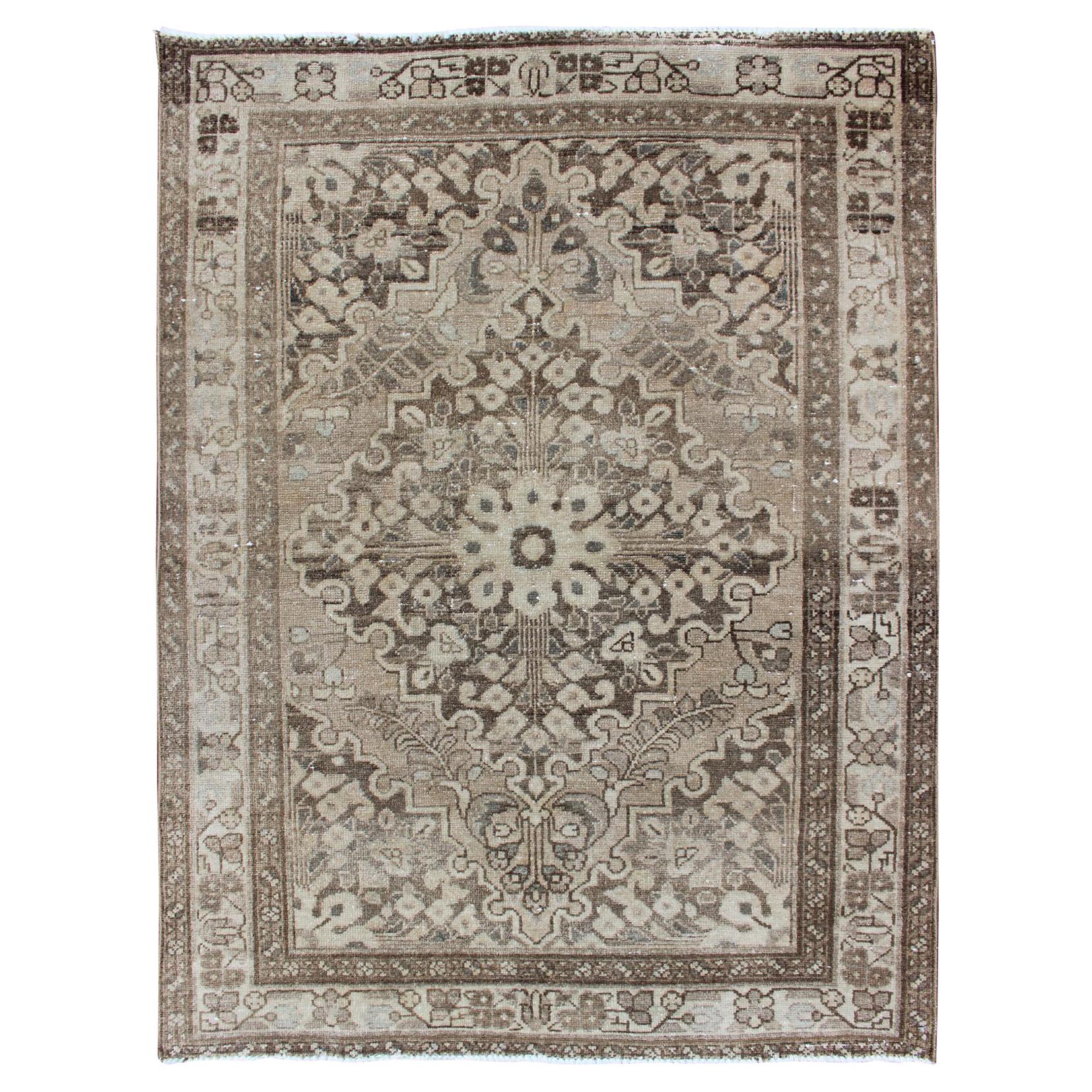 Neutral and Earth Tone Vintage Persian Lilihan Rug with Medallion