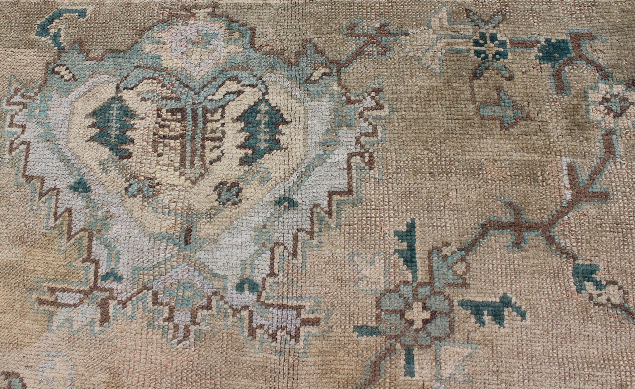 Wool Neutral Antique Oushak Carpet in Shades of Teal, Green, Khaki, Taupe and Butter For Sale