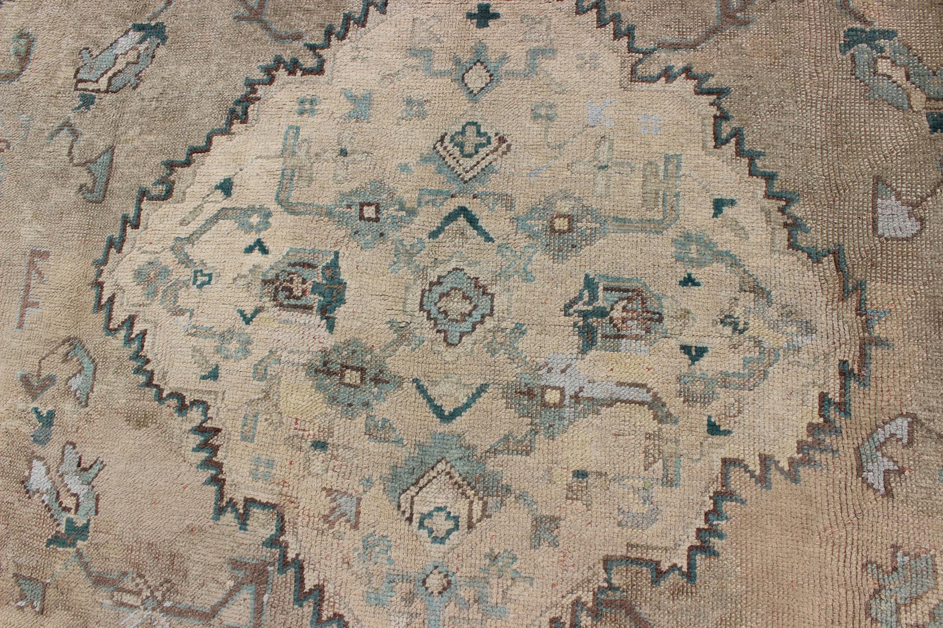 20th Century Neutral Antique Oushak Carpet in Shades of Teal, Green, Khaki, Taupe and Butter For Sale