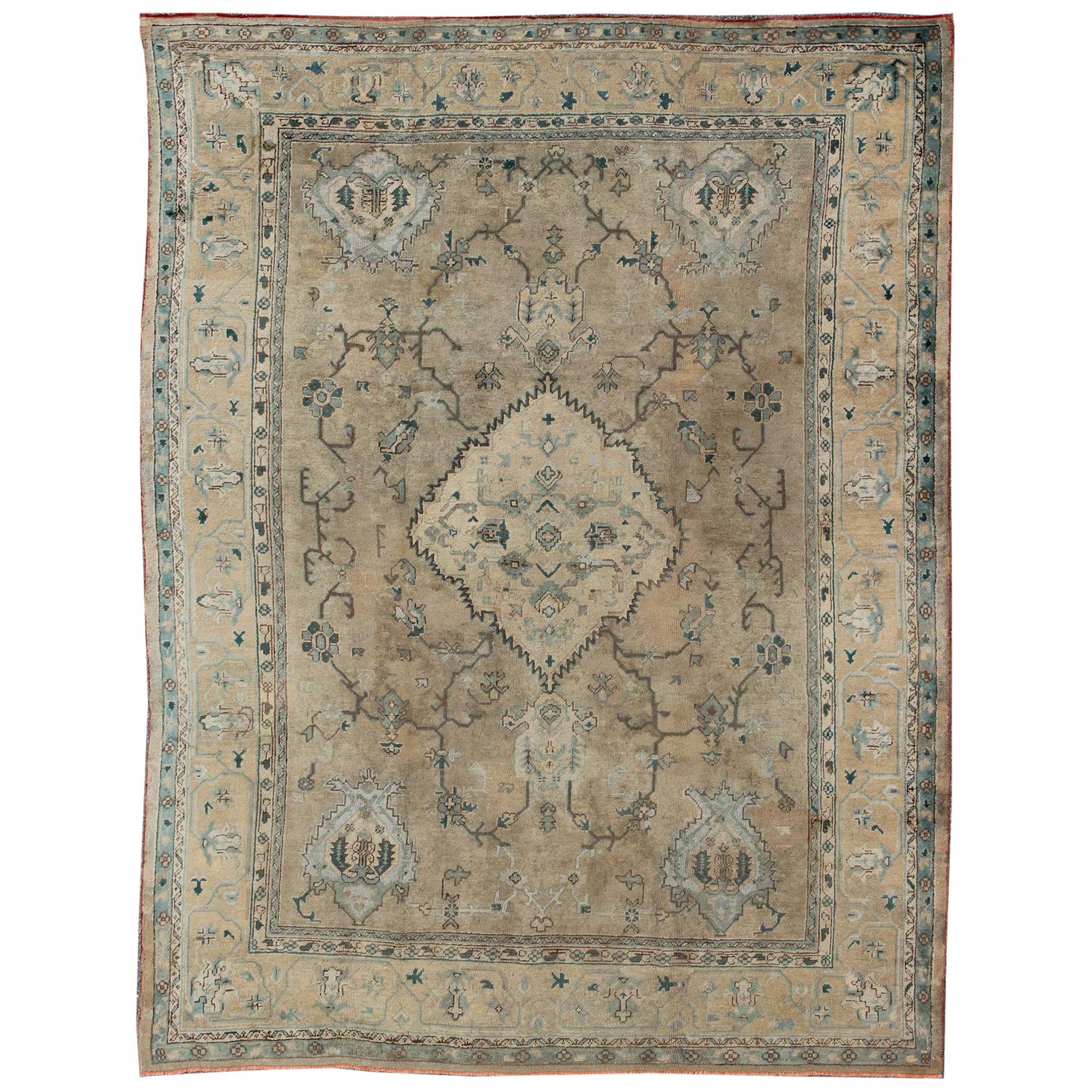Neutral Antique Oushak Carpet in Shades of Teal, Green, Khaki, Taupe and Butter For Sale