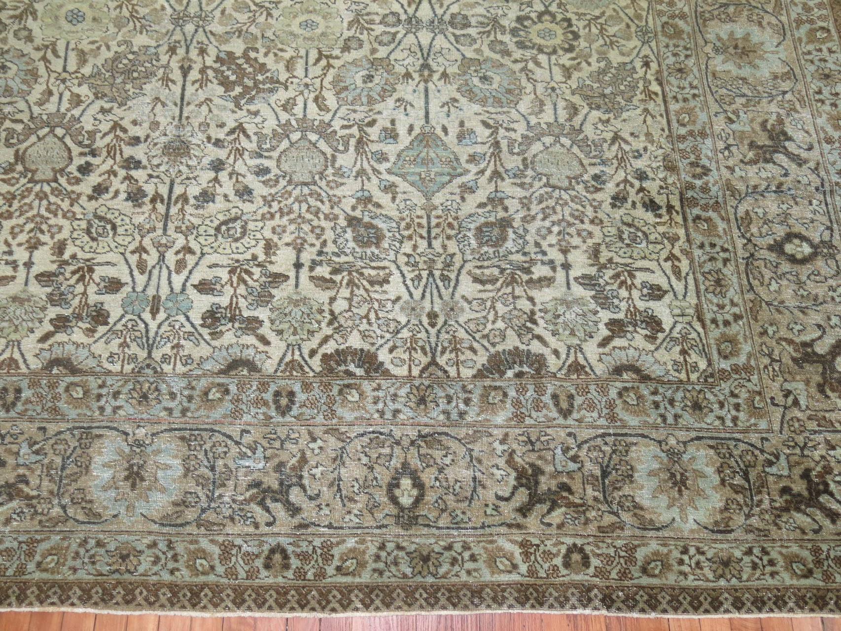 Neutral Antique Persian Tabriz Rug with Pictorial Animal Border 3