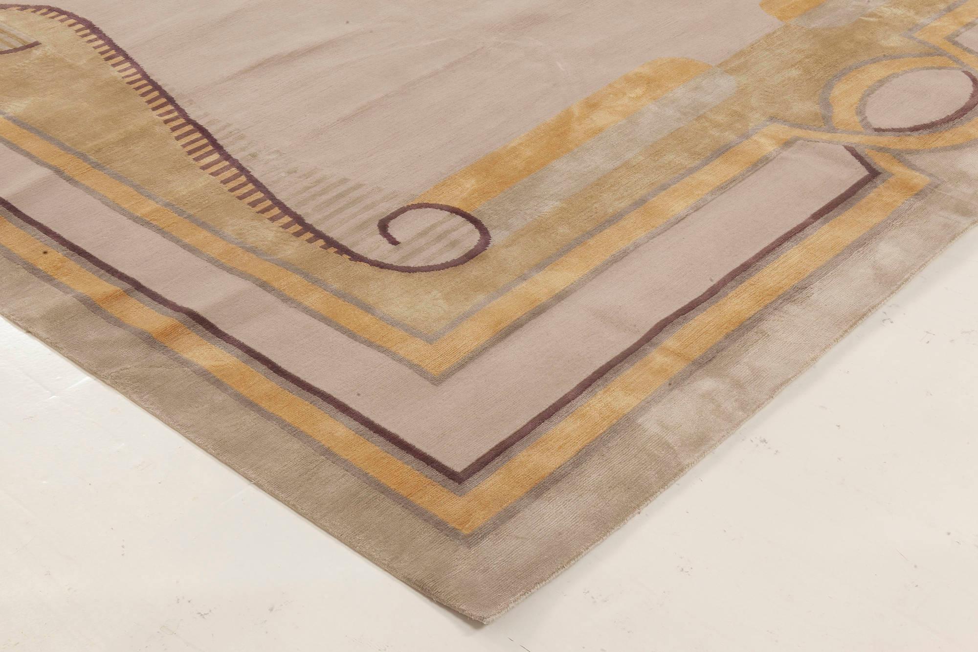 Hand-Knotted Neutral Beaux Arts Deco Beige, Brown, Gold & Purple Rug after Andre Arbus