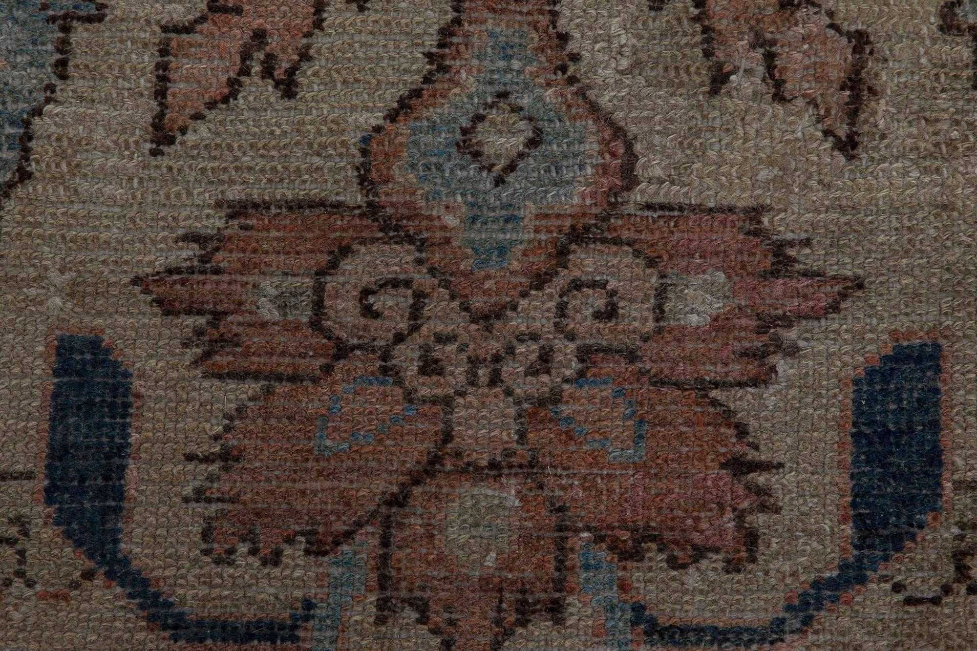 Neutral beige, soft blues and pinks antique Persian Malayer rug
Size: 13'7
