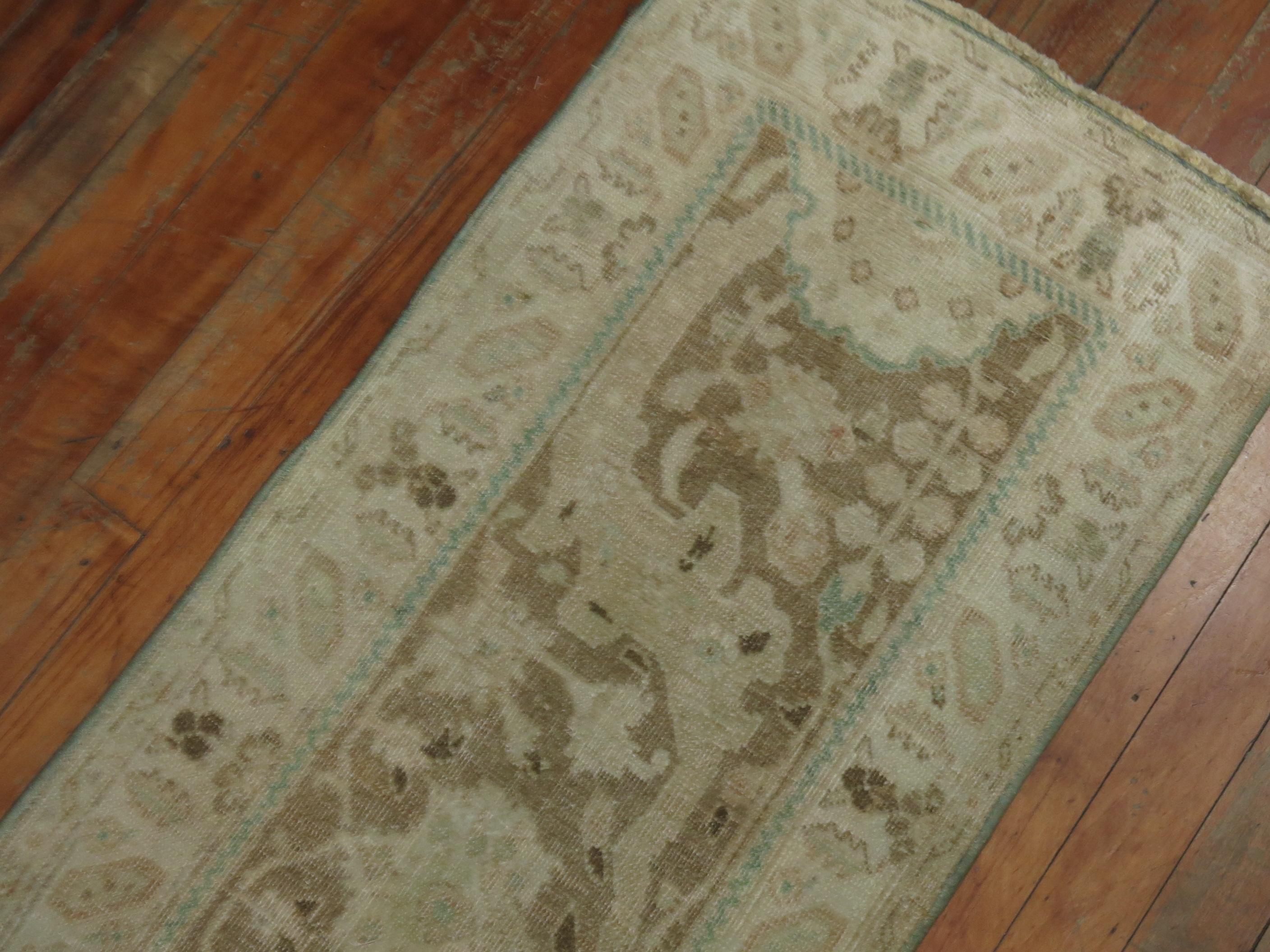 Hand-Woven Neutral Brown Green Persian Tabriz Border Runner, 20th Century For Sale