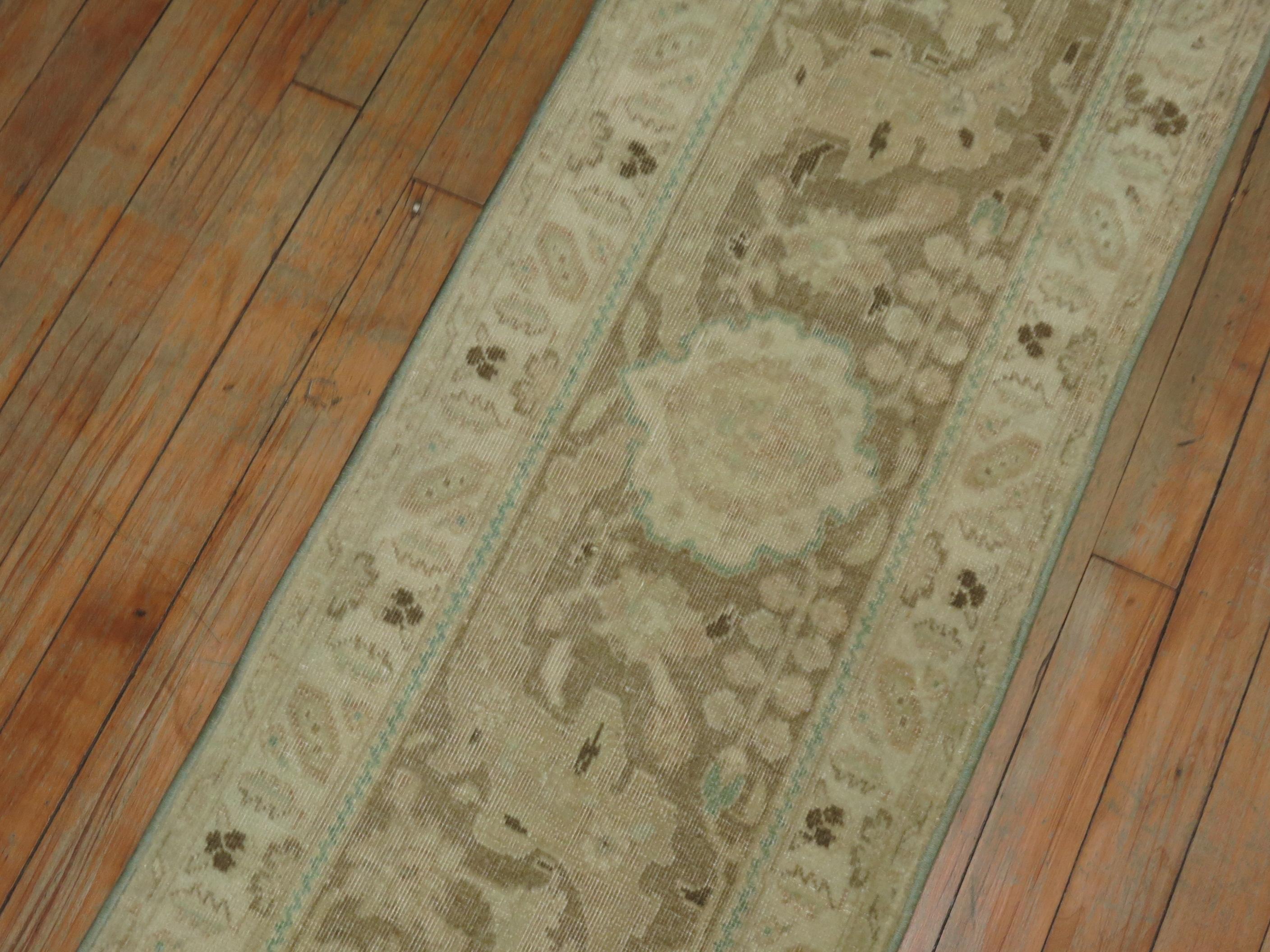 Neutral Brown Green Persian Tabriz Border Runner, 20th Century In Good Condition For Sale In New York, NY