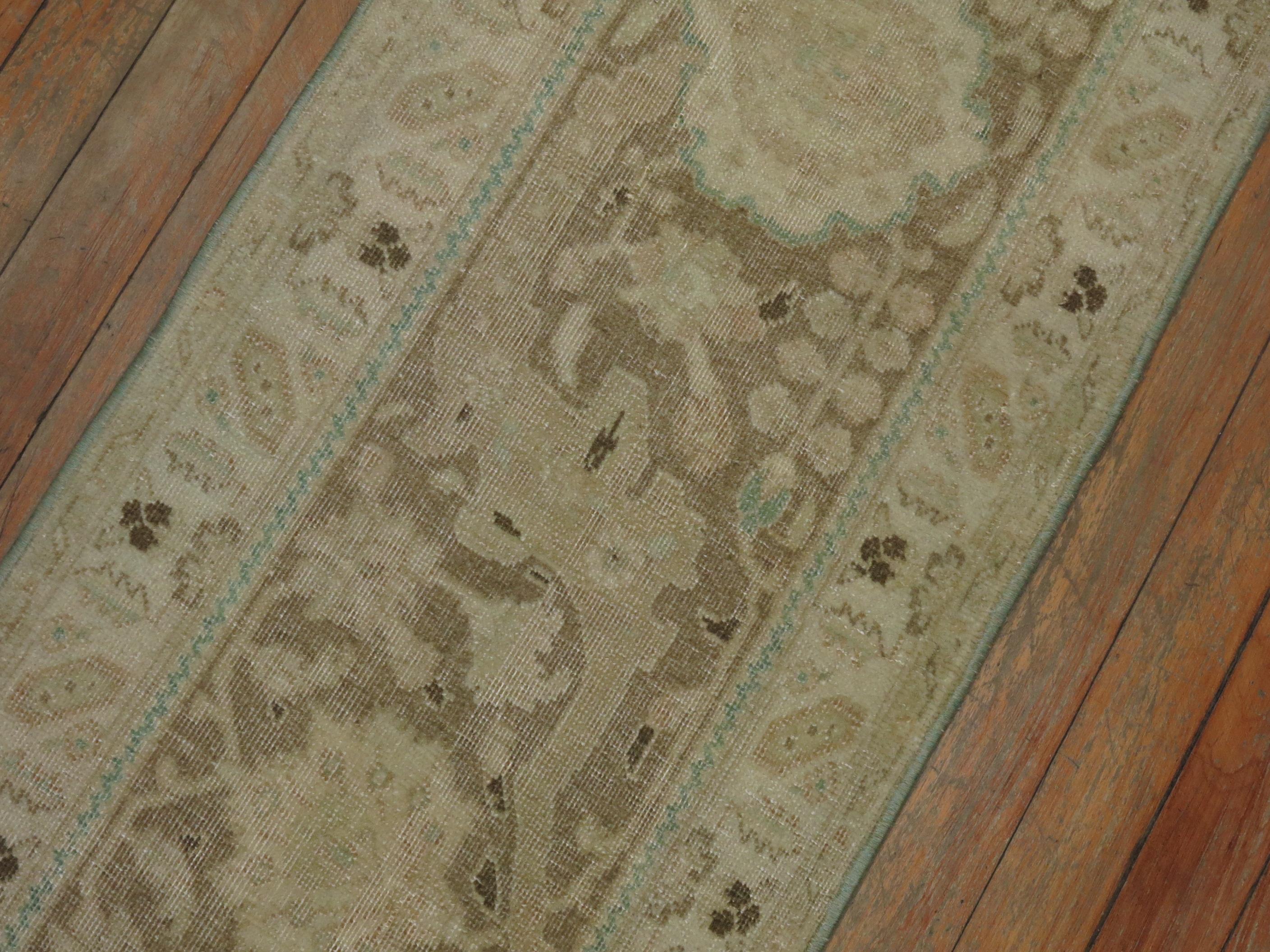 Wool Neutral Brown Green Persian Tabriz Border Runner, 20th Century For Sale