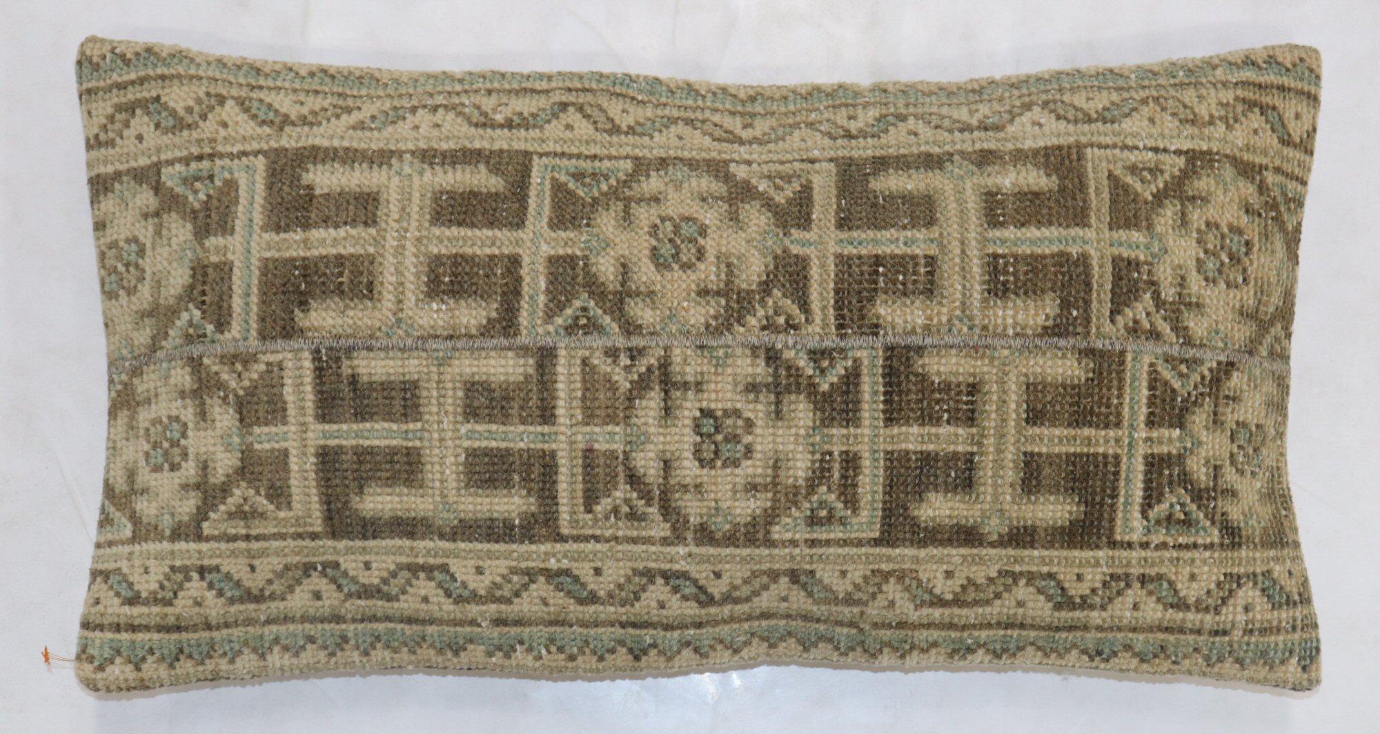 American Colonial Neutral Brown Green Tan Wool Turkish Rug Pillow For Sale
