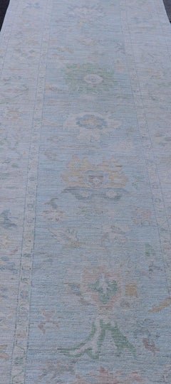 Neutral Color Gallery Oushak Runner with Medallion Design in Light Blue Field