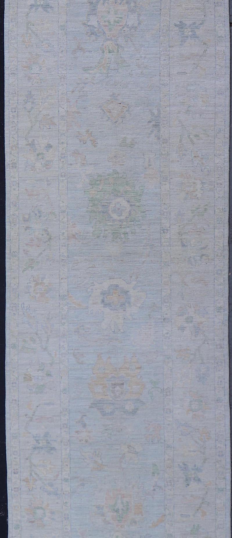 Neutral Color Gallery Oushak Runner with Medallion Design in Light Blue Field In New Condition For Sale In Atlanta, GA