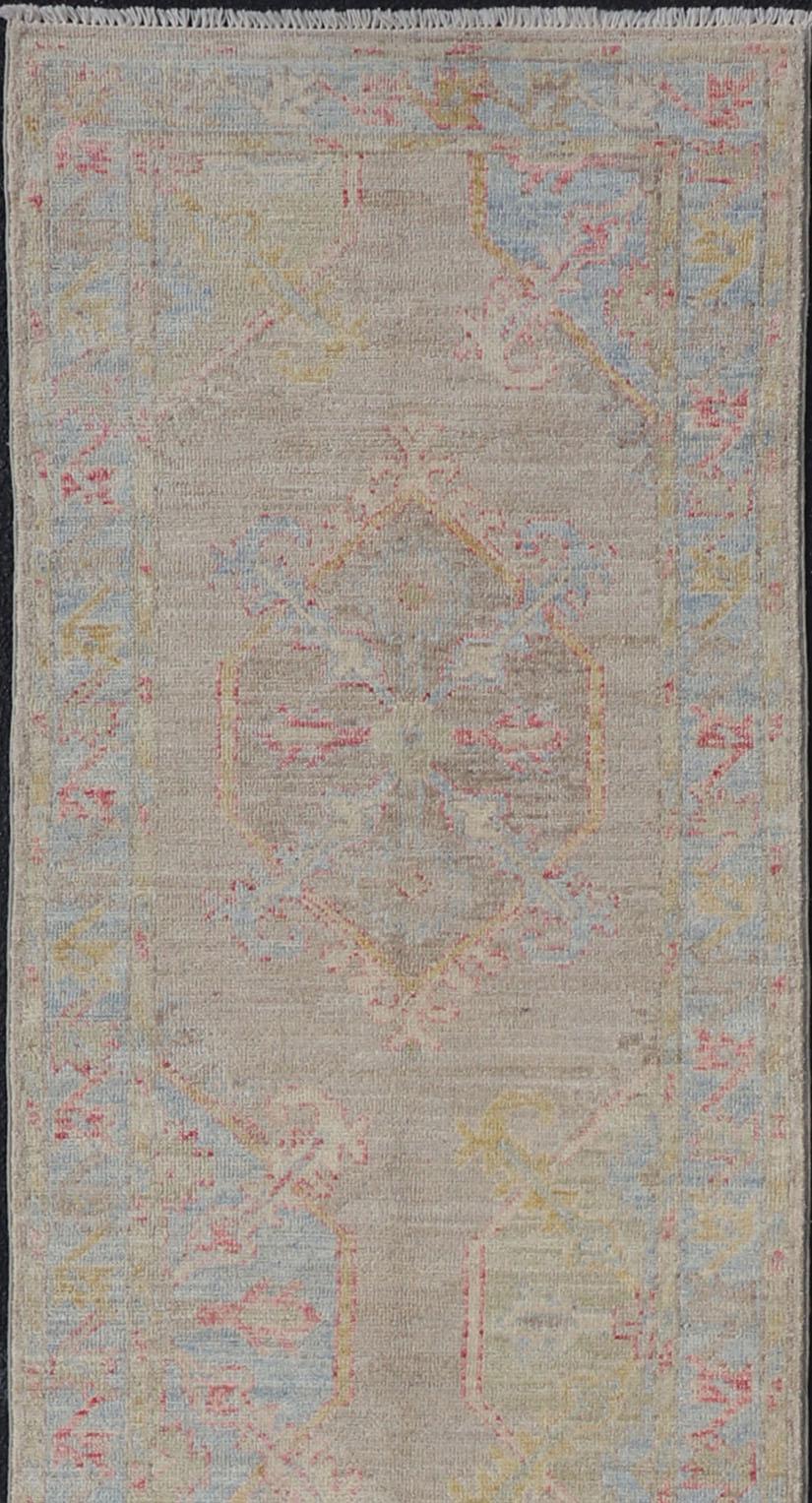 Neutral Color Hand-Knotted Oushak Runner with Medallion Design in Tan Field For Sale 4