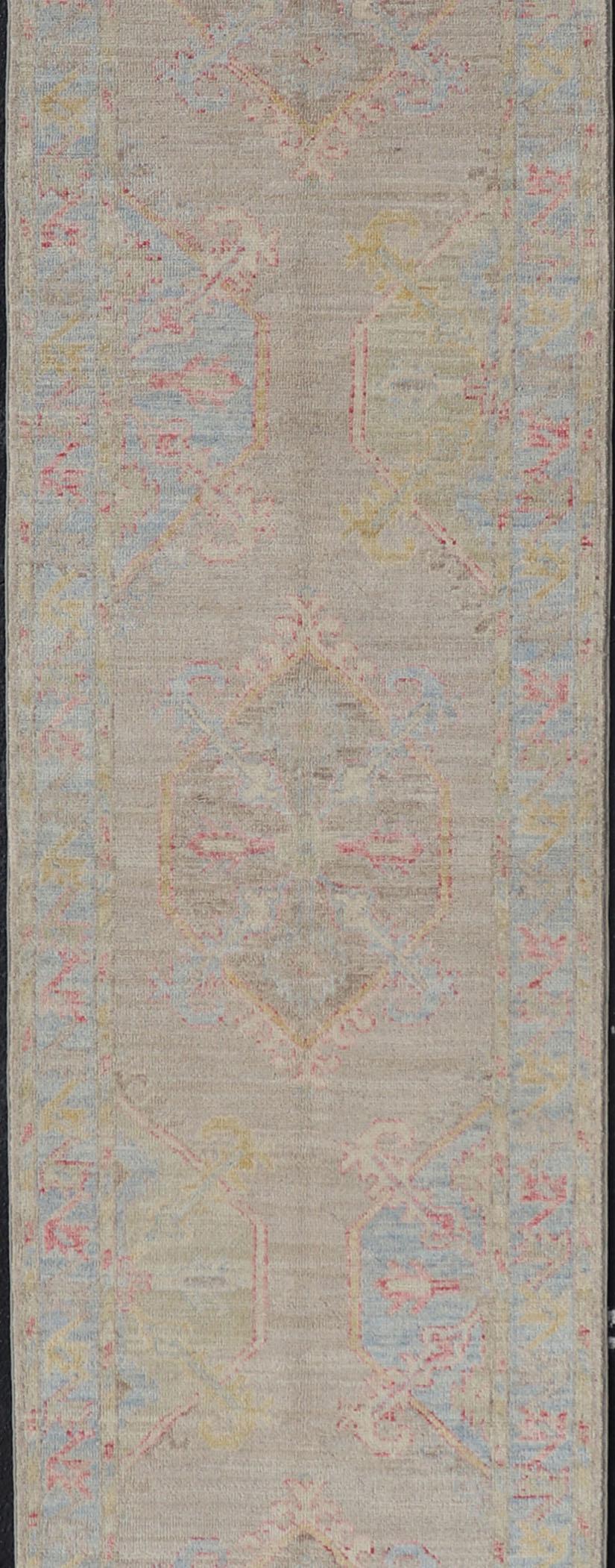 Neutral Color Hand-Knotted Oushak Runner with Medallion Design in Tan Field For Sale 5