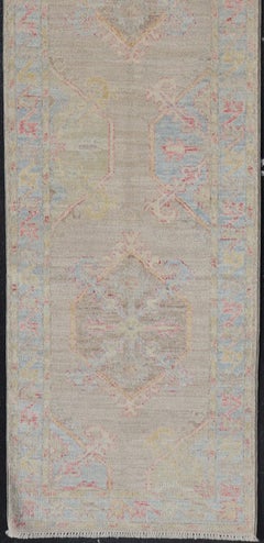 Neutral Color Hand-Knotted Oushak Runner with Medallion Design in Tan Field