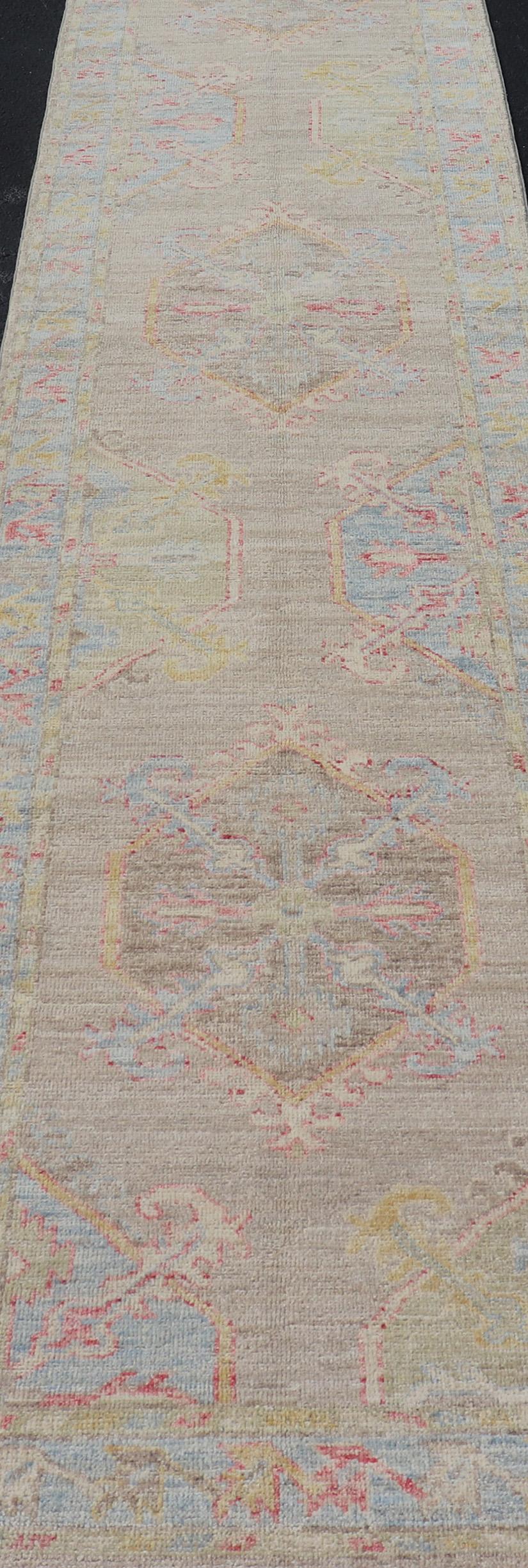 Afghan Neutral Color Hand-Knotted Oushak Runner with Medallion Design in Tan Field For Sale