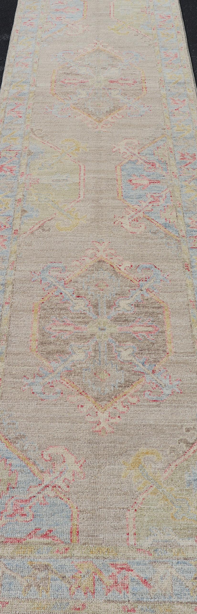 Neutral Color Hand-Knotted Oushak Runner with Medallion Design in Tan Field In New Condition For Sale In Atlanta, GA