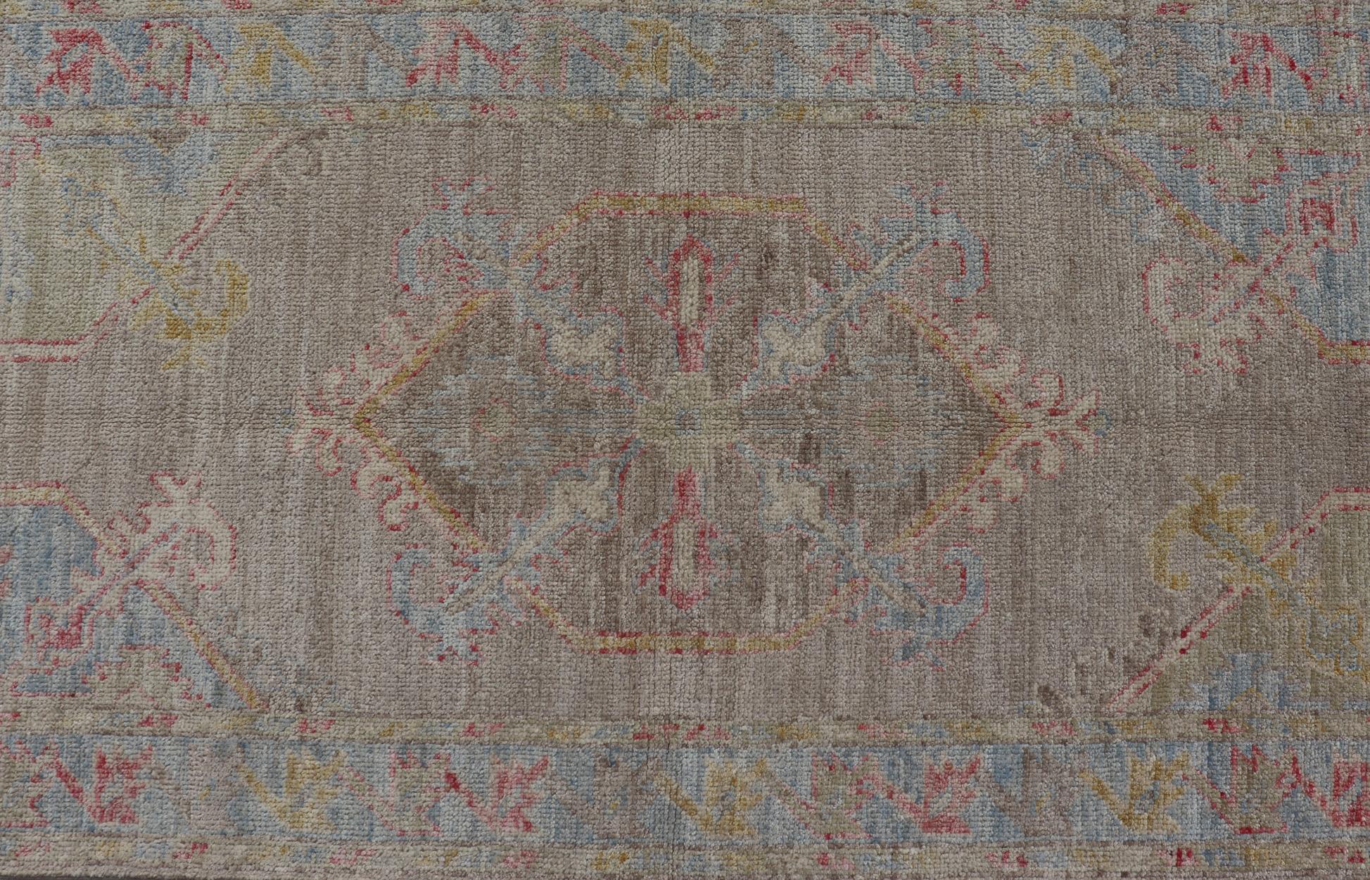 Wool Neutral Color Hand-Knotted Oushak Runner with Medallion Design in Tan Field For Sale