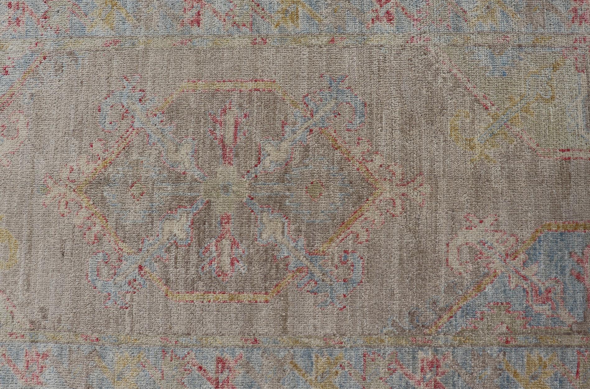 Neutral Color Hand-Knotted Oushak Runner with Medallion Design in Tan Field For Sale 1