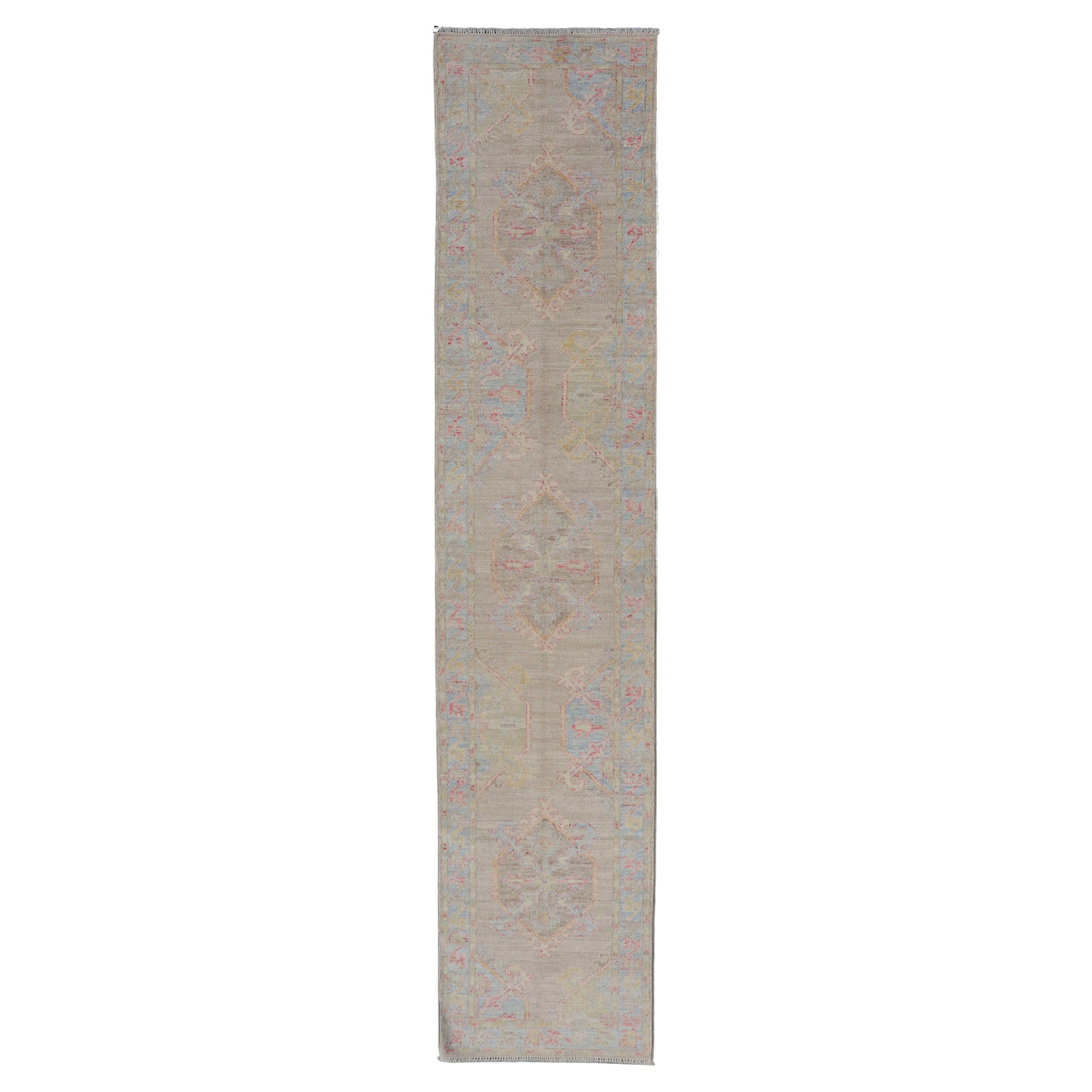 Neutral Color Hand-Knotted Oushak Runner with Medallion Design in Tan Field